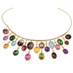 1960s Multicolor GIA Tourmaline Cabochon Diamond 18K Gold Fringe Necklace