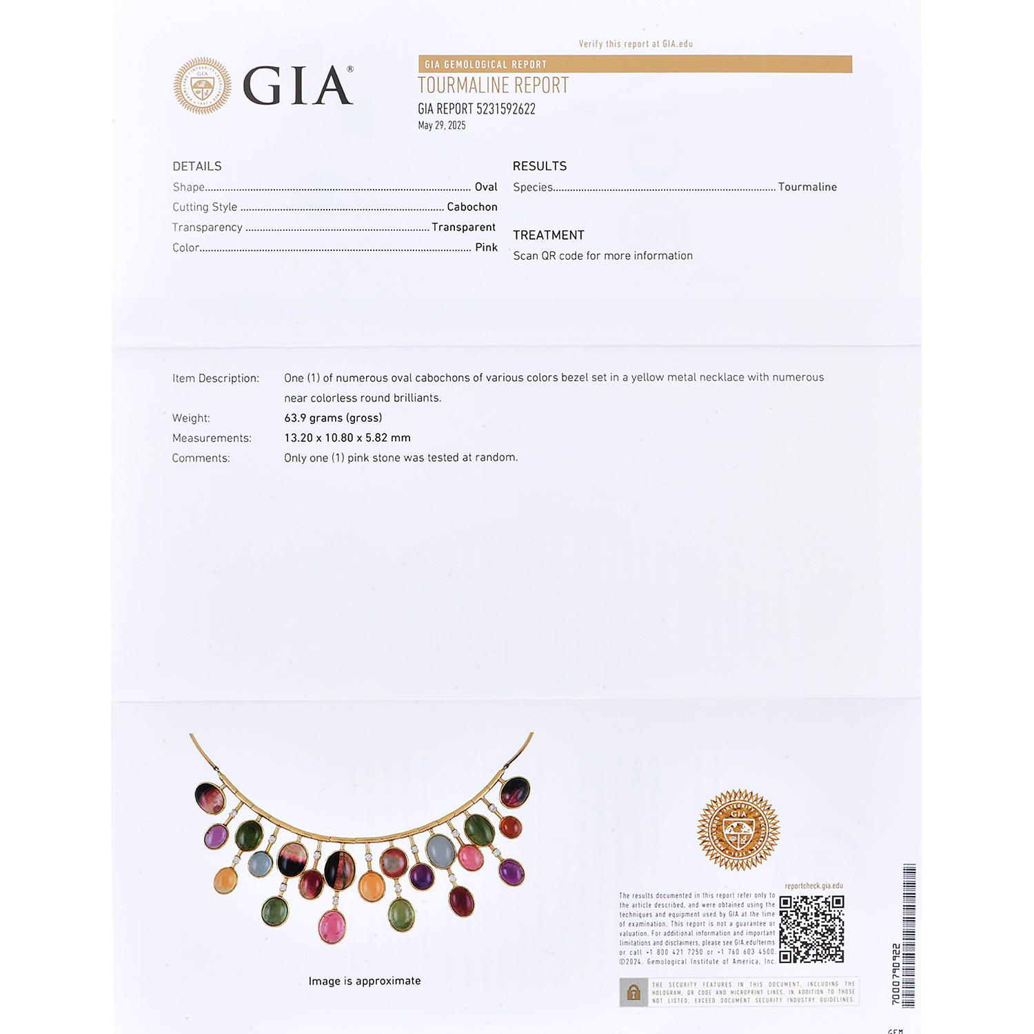 1960s Multicolor GIA Tourmaline Cabochon Diamond 18K Gold Fringe Necklace In Excellent Condition For Sale In Miami, FL