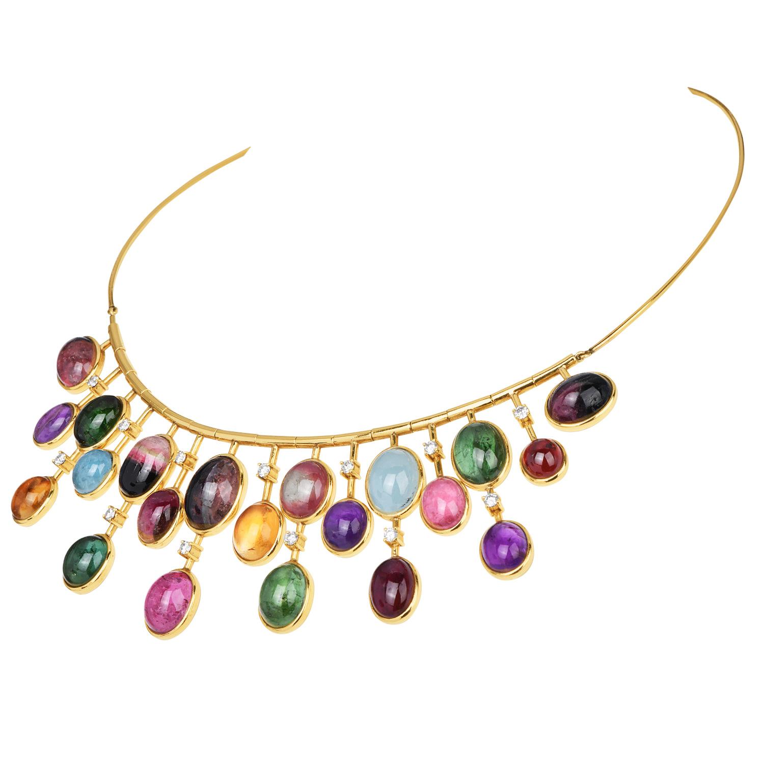 1960s Multicolor GIA Tourmaline Cabochon Diamond 18K Gold Fringe Necklace For Sale 1