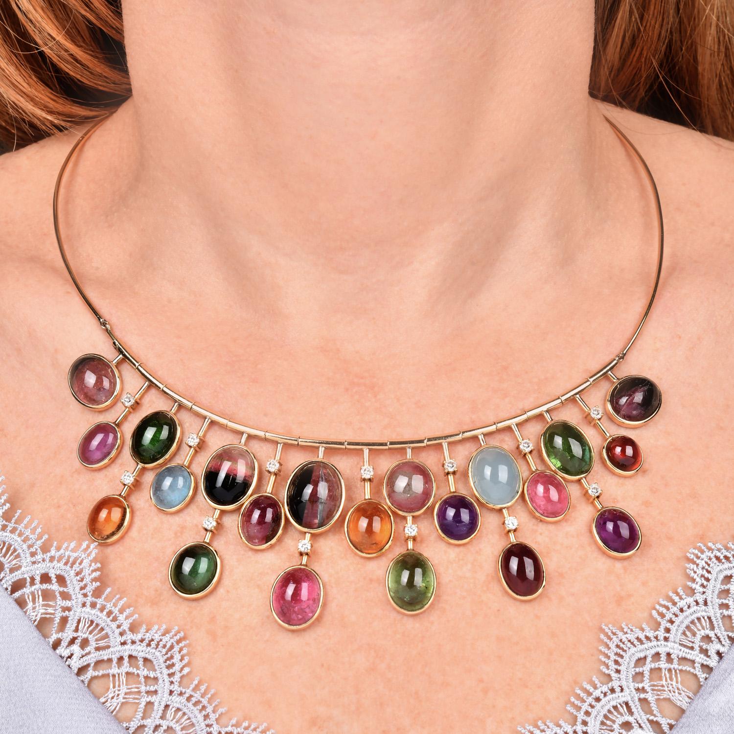 1960s Multicolor GIA Tourmaline Cabochon Diamond 18K Gold Fringe Necklace For Sale 2