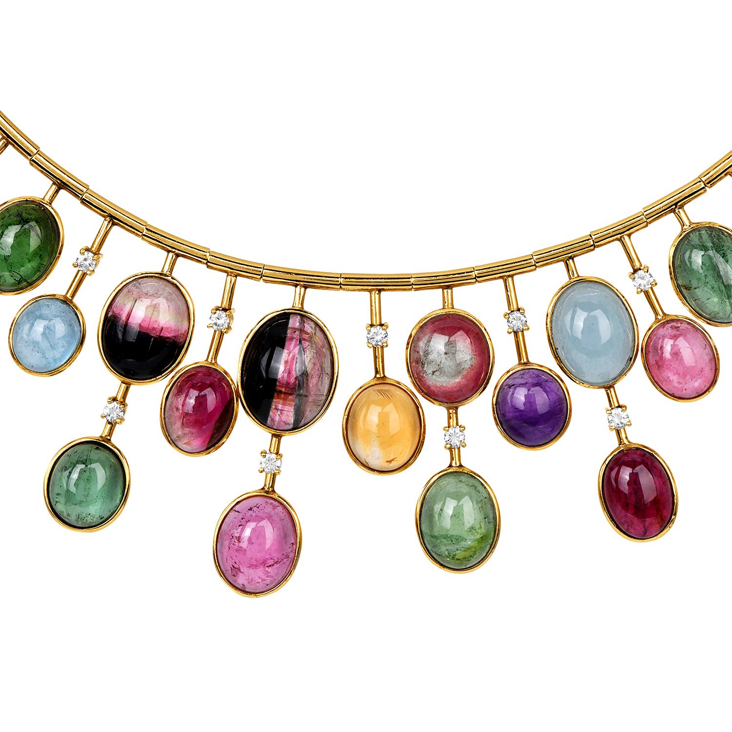 1960s Multicolor GIA Tourmaline Cabochon Diamond 18K Gold Fringe Necklace For Sale 3