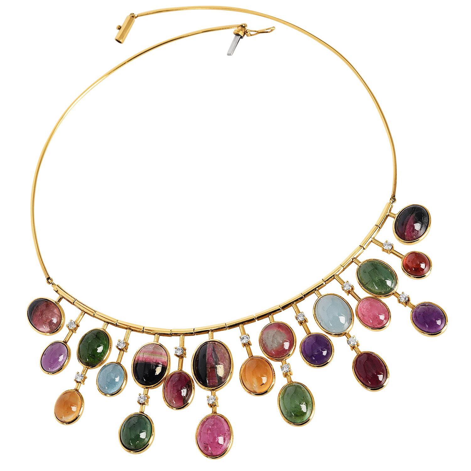 1960s Multicolor GIA Tourmaline Cabochon Diamond 18K Gold Fringe Necklace For Sale 4