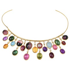1960s Multicolor GIA Tourmaline Cabochon Diamond 18K Gold Fringe Necklace