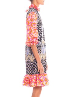 1960S Multicolor Patchwork Boho Printed Polyester Dress With Ruffle Details