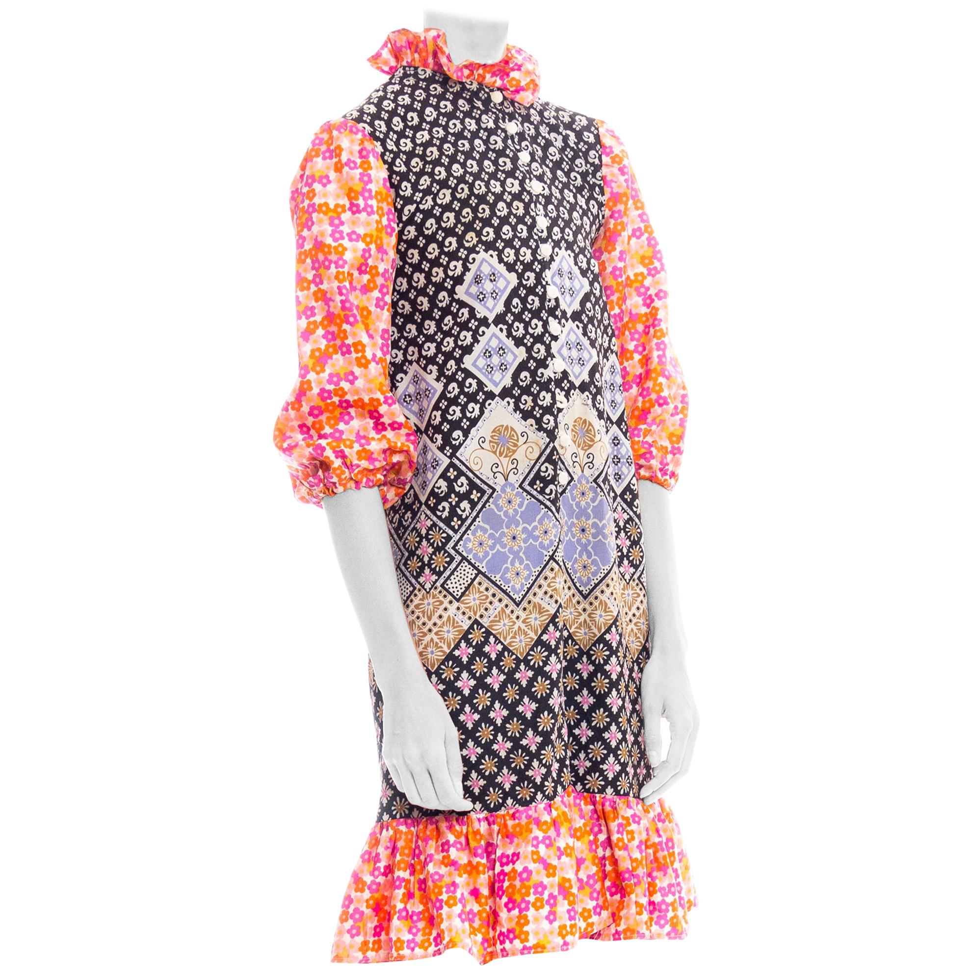 1960S Multicolor Patchwork Boho Printed Polyester Dress With Ruffle Details For Sale