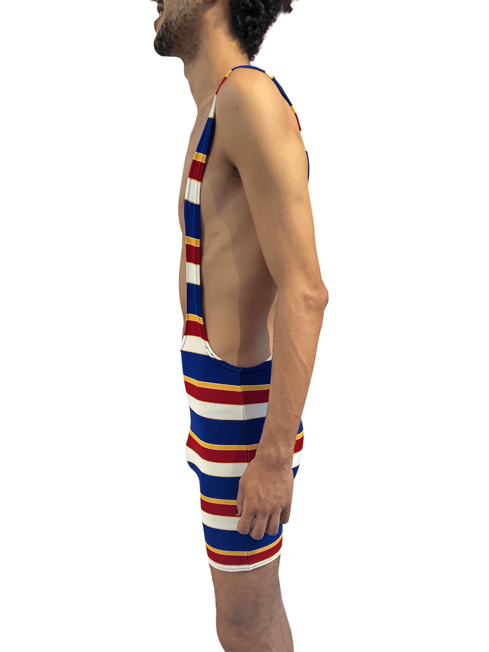 Brown 1960S Multicolor Striped Polyester Piqué 1920S Style Swimsuit For Sale