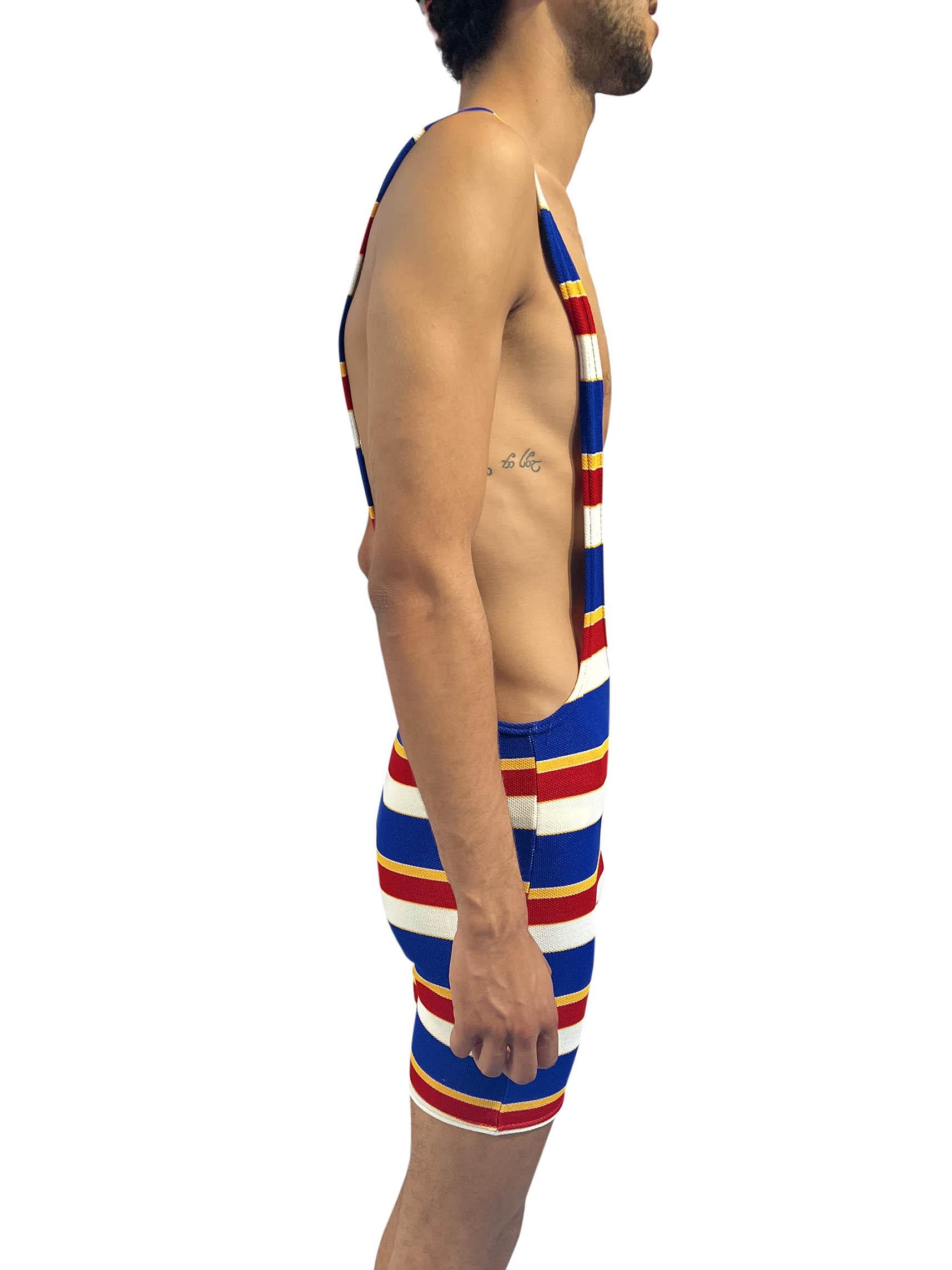 1960S Multicolor Striped Polyester Piqué 1920S Style Swimsuit In Excellent Condition For Sale In New York, NY