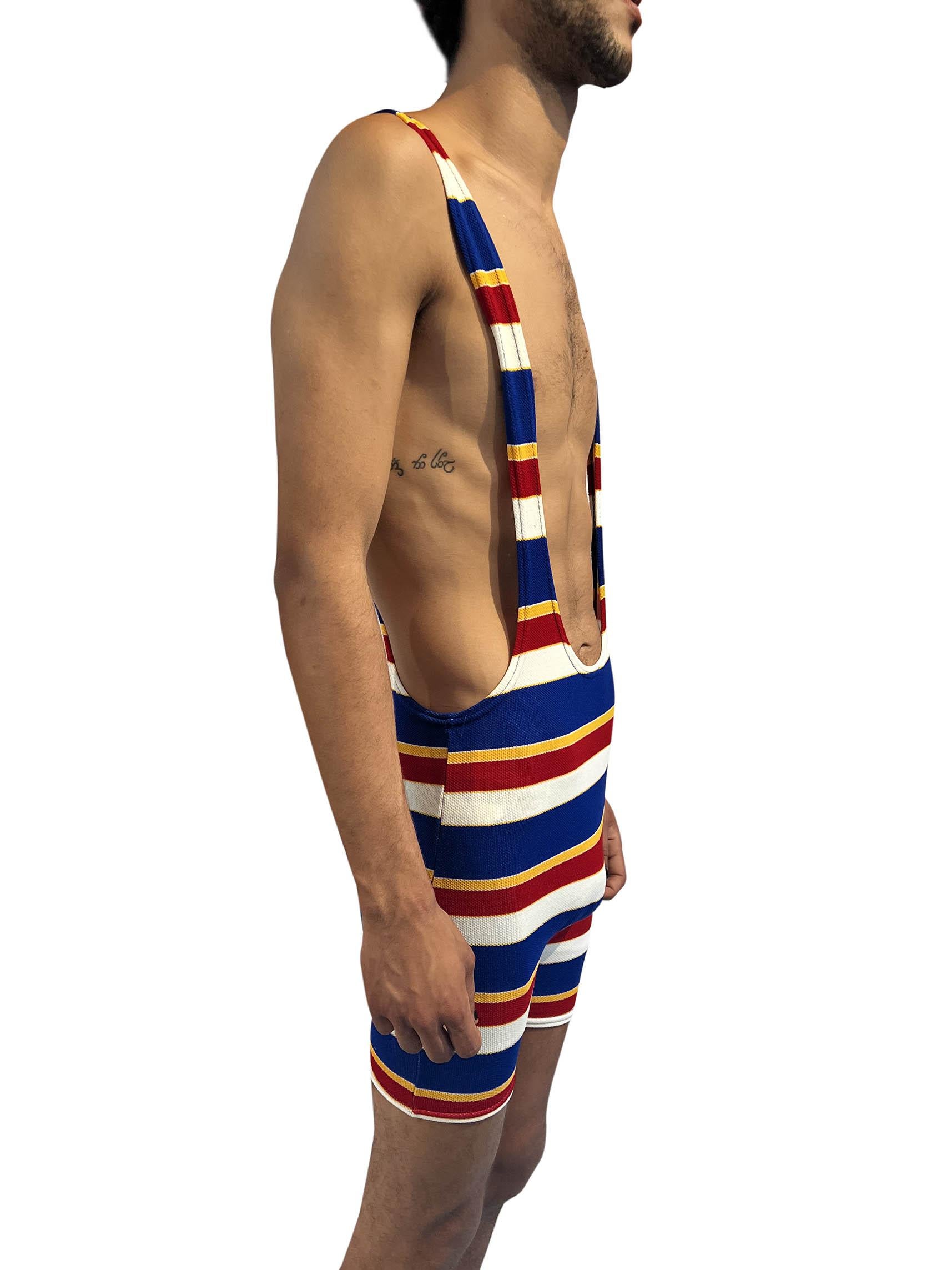 1960er Jahre Mehrfarbig gestreifter Polyester Piqu 1920er Jahre Stil Badeanzug für Damen oder Herren im Angebot