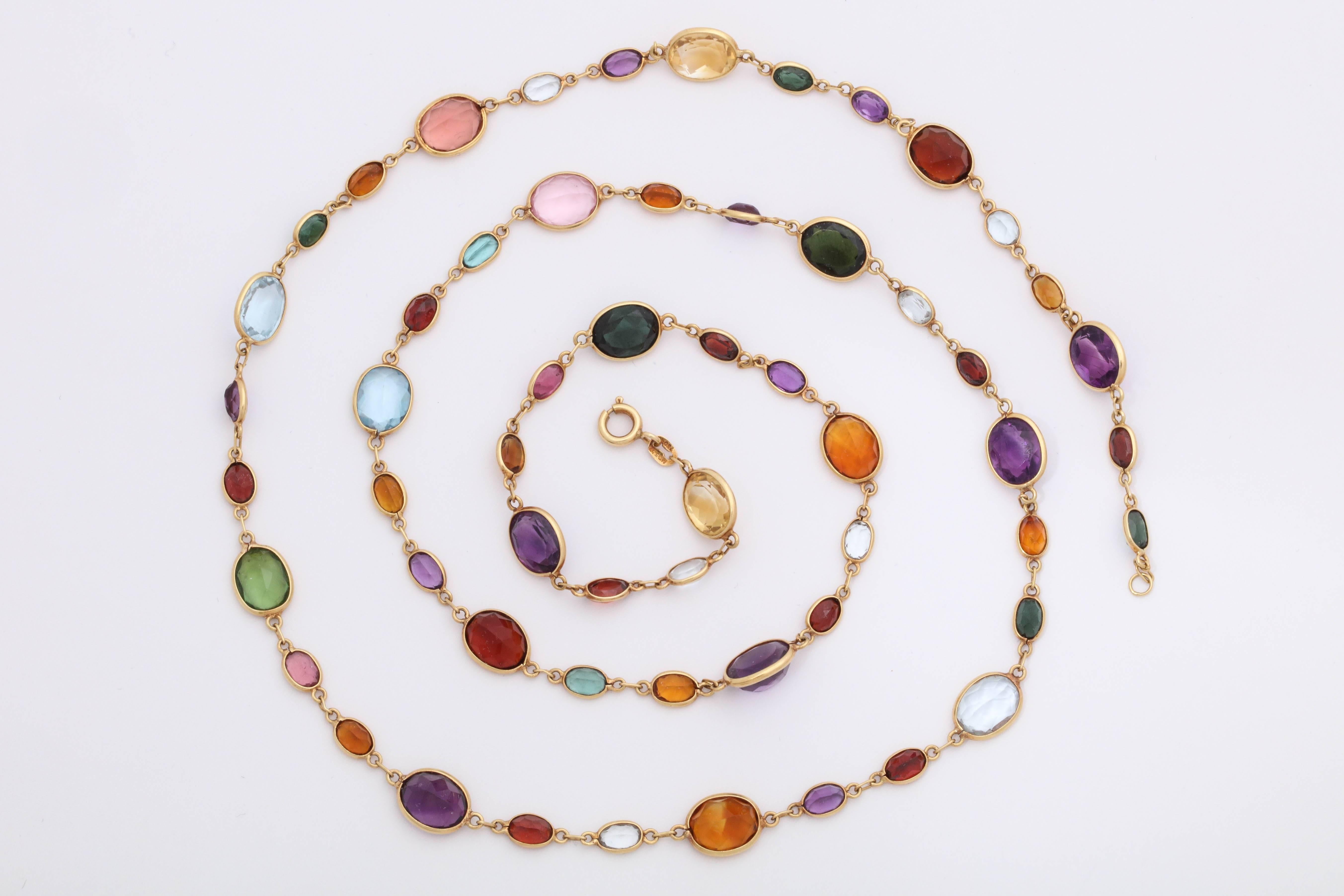 Oval Cut 1960s Multicolored Oval Stones Bezel Set Gold Link Chain with Clasp