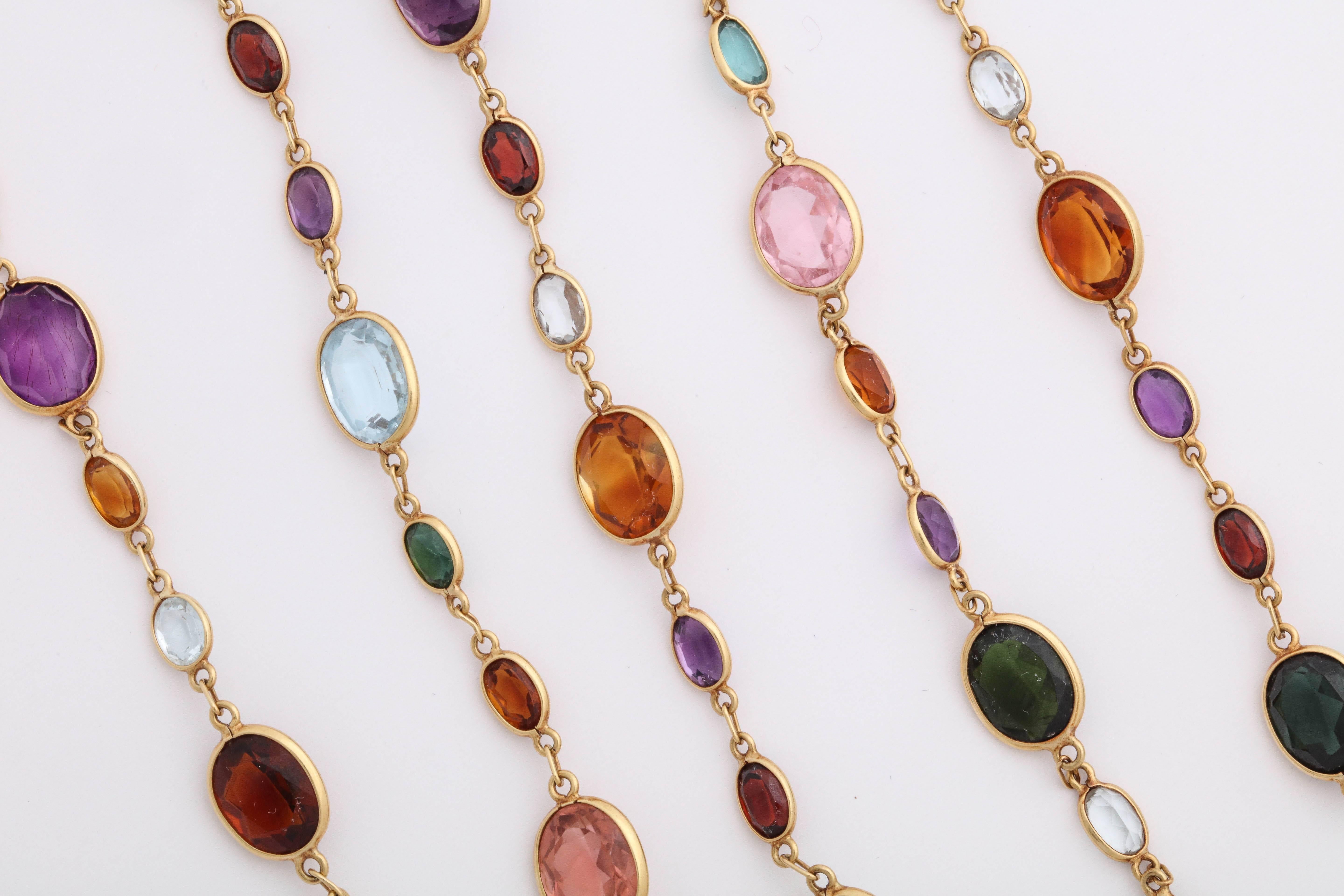 Women's 1960s Multicolored Oval Stones Bezel Set Gold Link Chain with Clasp
