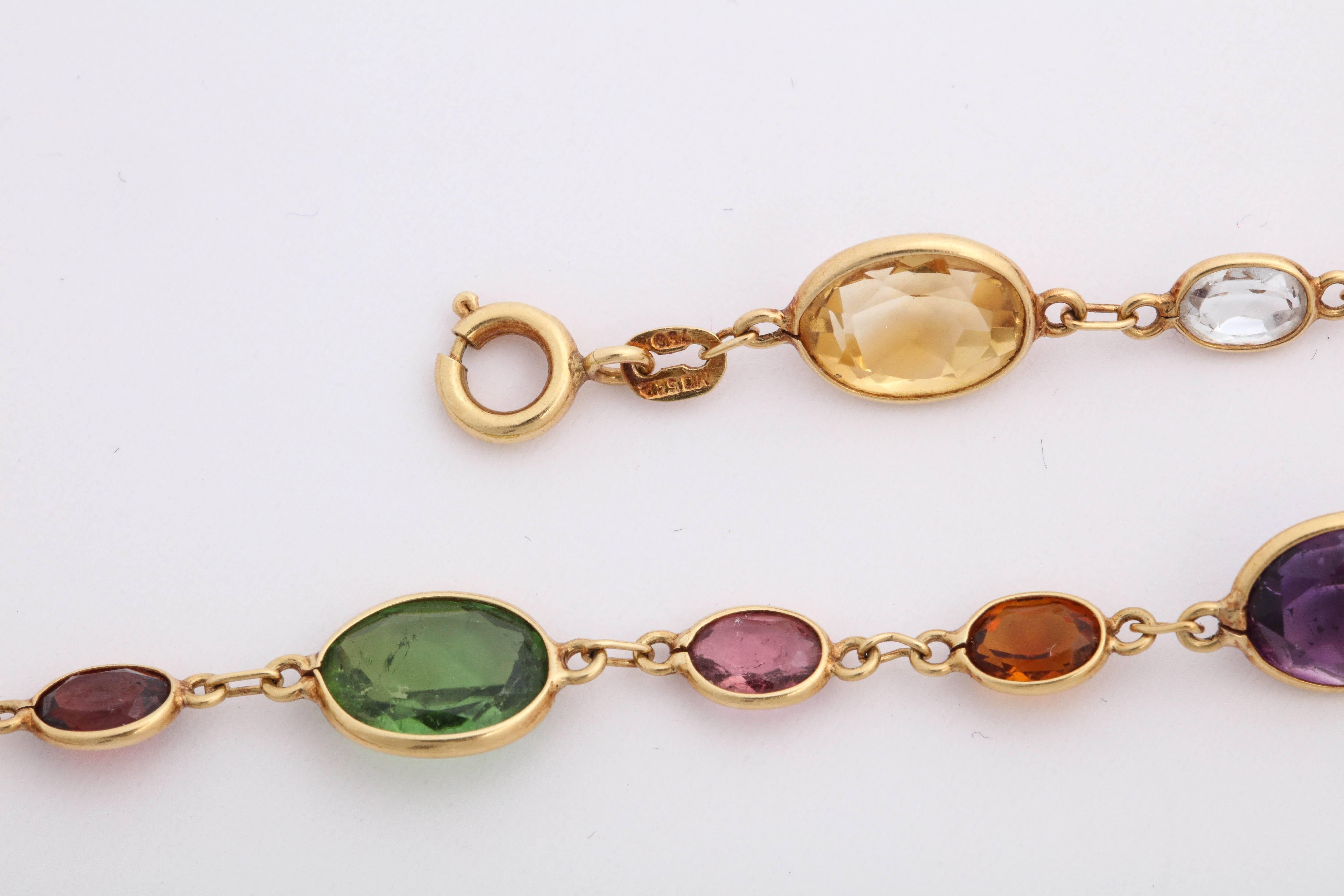 1960s Multicolored Oval Stones Bezel Set Gold Link Chain with Clasp 1