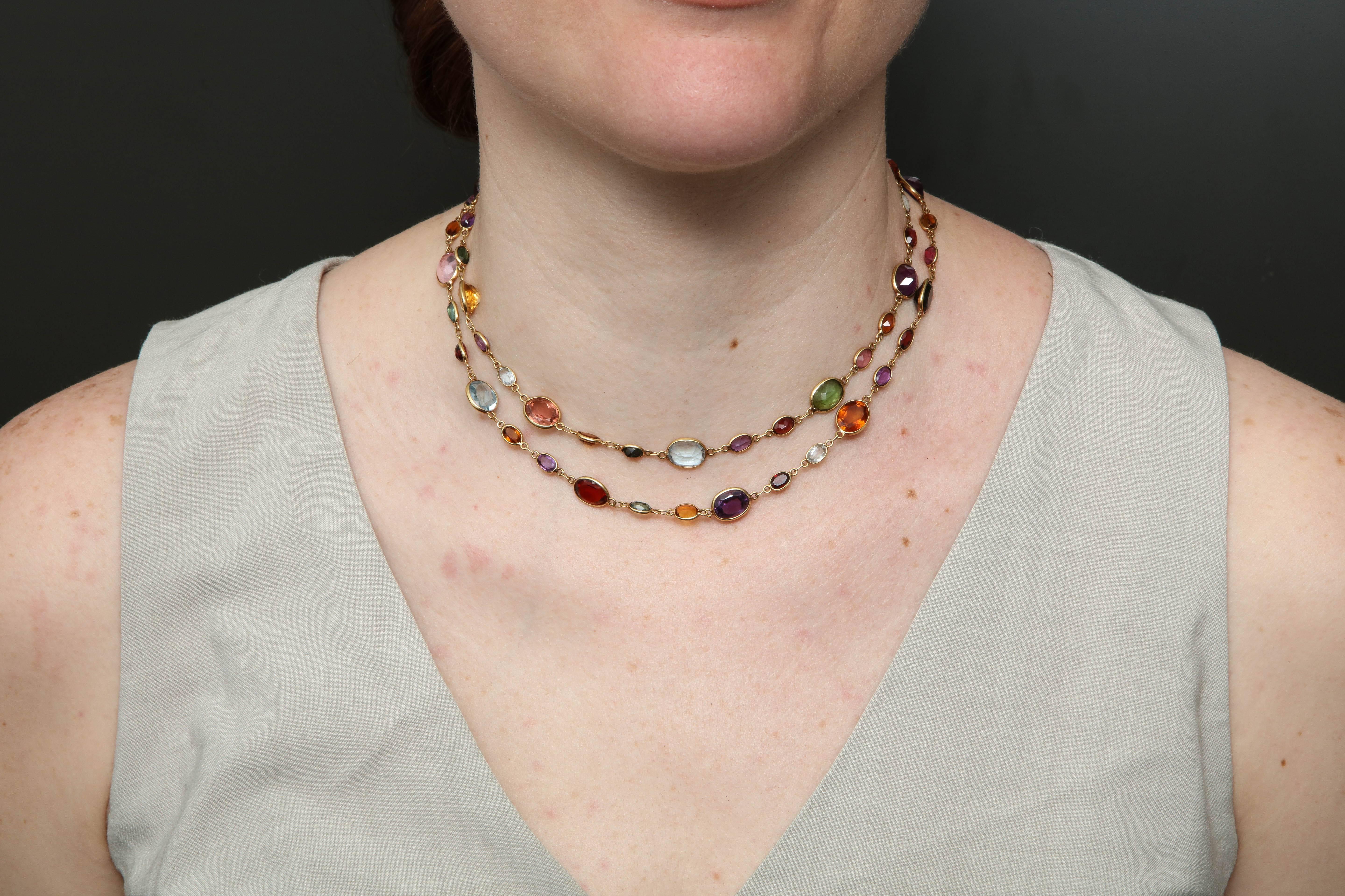 1960s Multicolored Oval Stones Bezel Set Gold Link Chain with Clasp 2