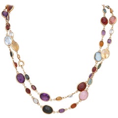 1960s Multicolored Oval Stones Bezel Set Gold Link Chain with Clasp