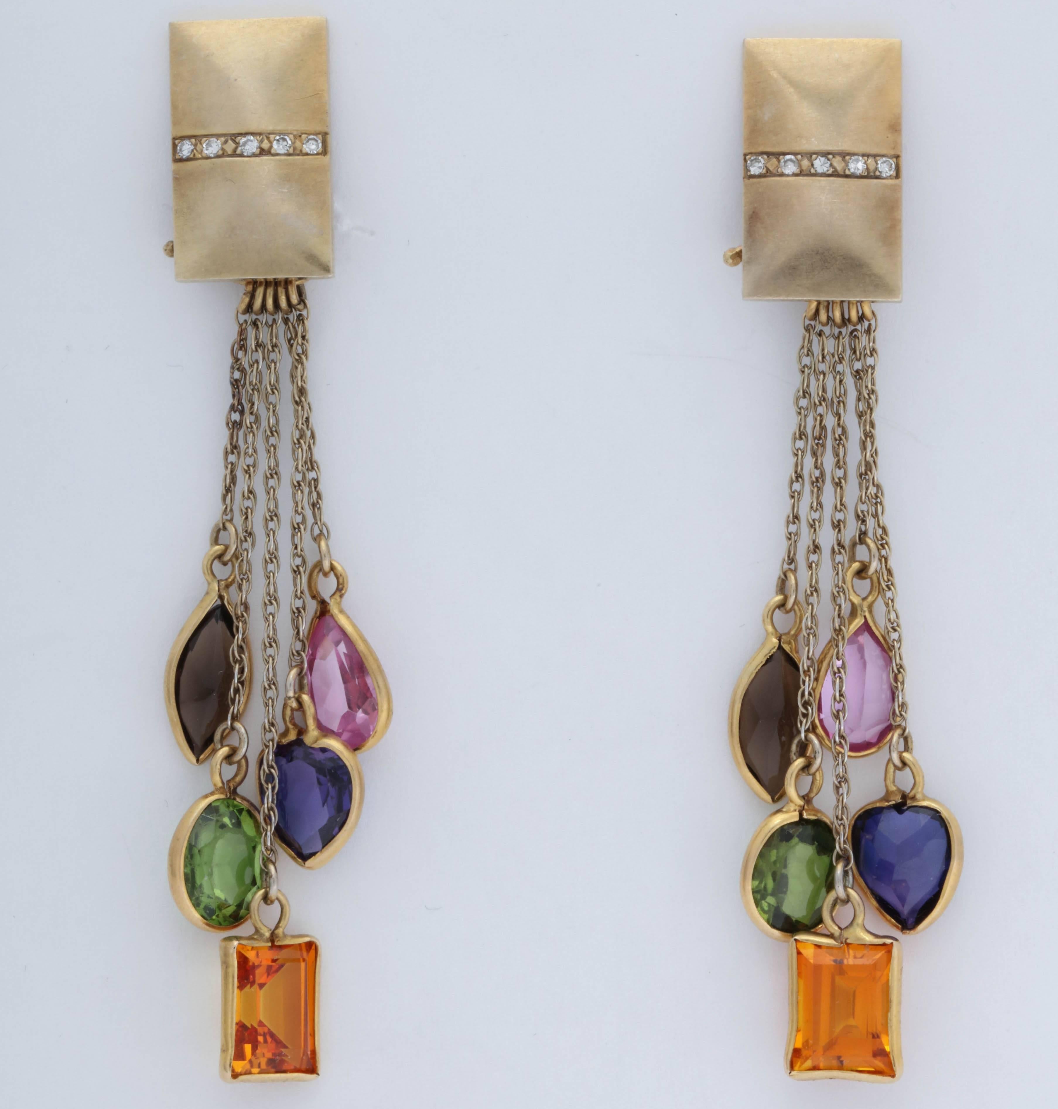 One Pair Of Ladies Multistrand Chain Dangle Earclips Created In 18kt Gold. Earrings Are Created With Multicolored Stones Consisting Of Ten Semiprecious Stones:{2} Amethysts {@} Peridots {2} Citrines {2} Kunzites, {2} Green Tourmalines Thruout. Each