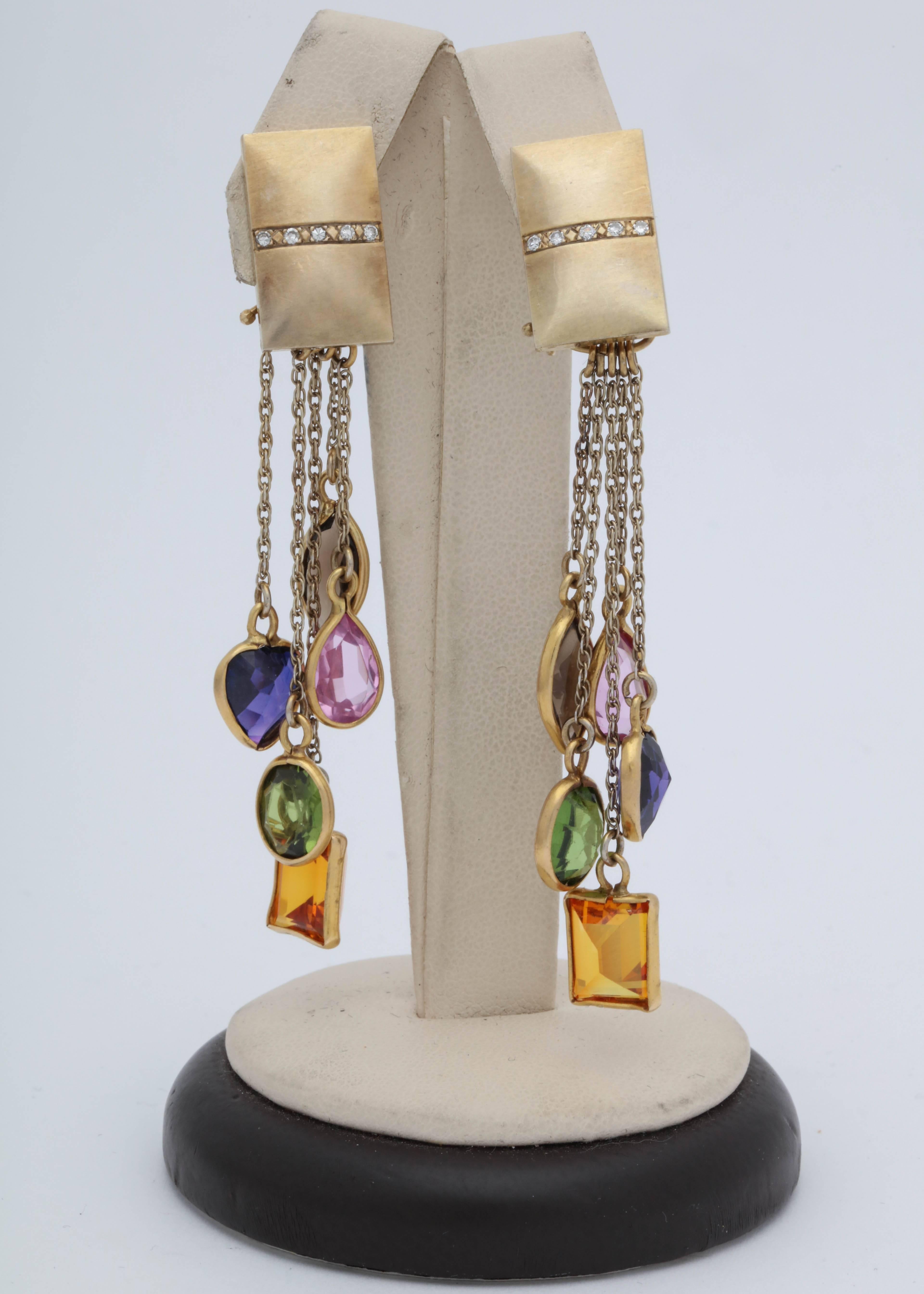 1960s Multicolored Semiprecious Stones, Diamond Multistrand Gold Dangle Earclips In Good Condition In New York, NY