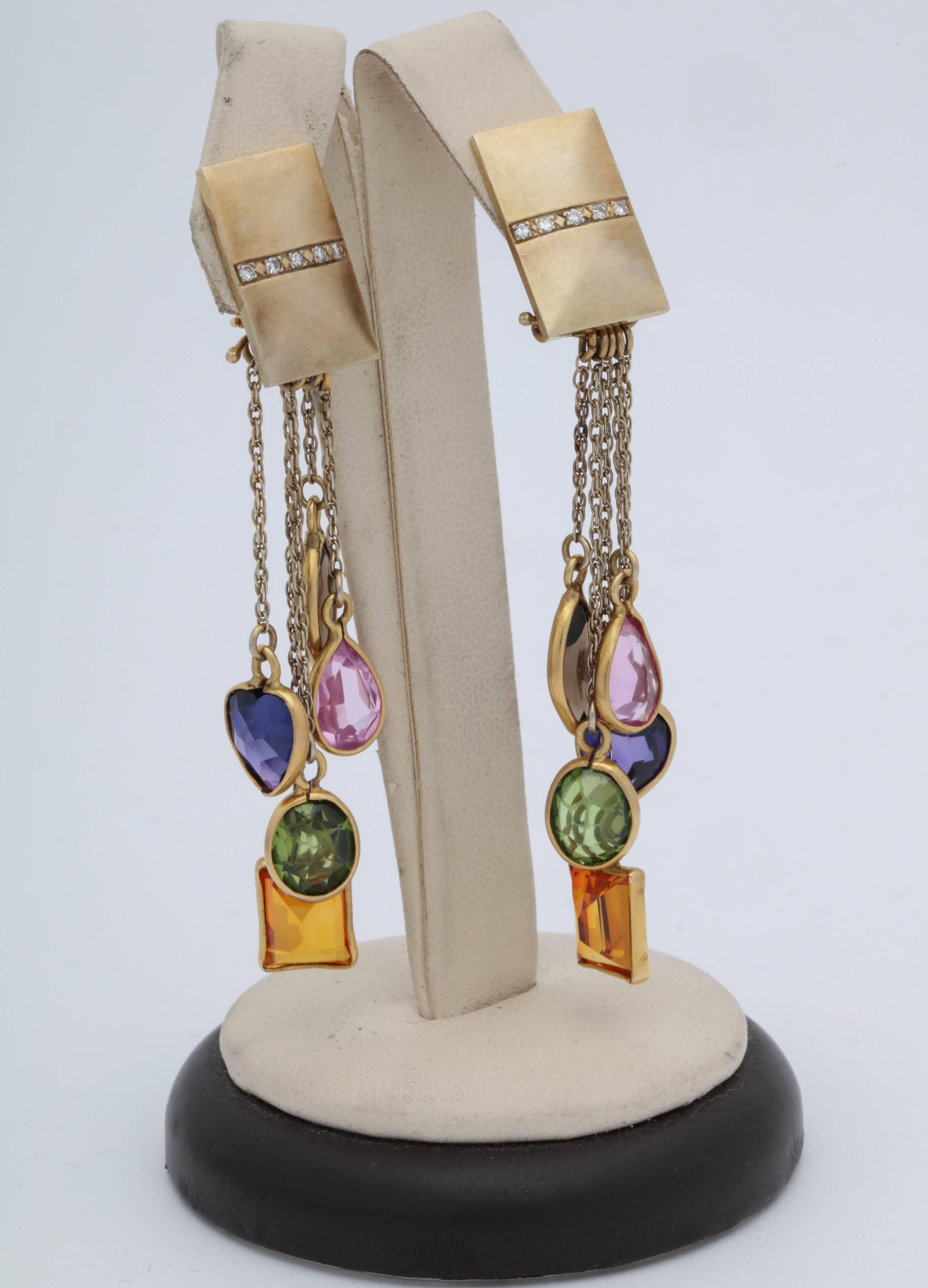 Women's 1960s Multicolored Semiprecious Stones, Diamond Multistrand Gold Dangle Earclips