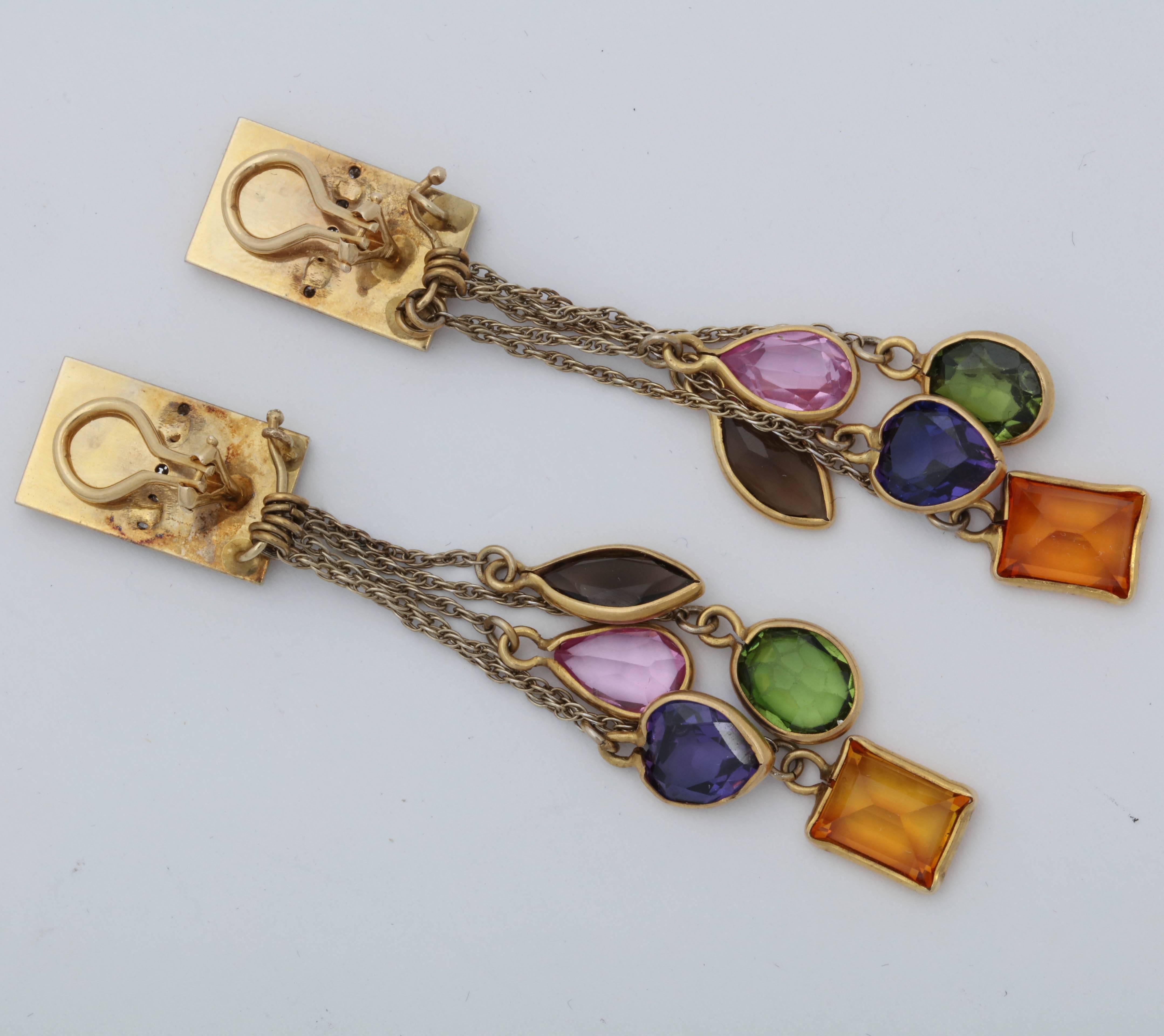 1960s Multicolored Semiprecious Stones, Diamond Multistrand Gold Dangle Earclips 1