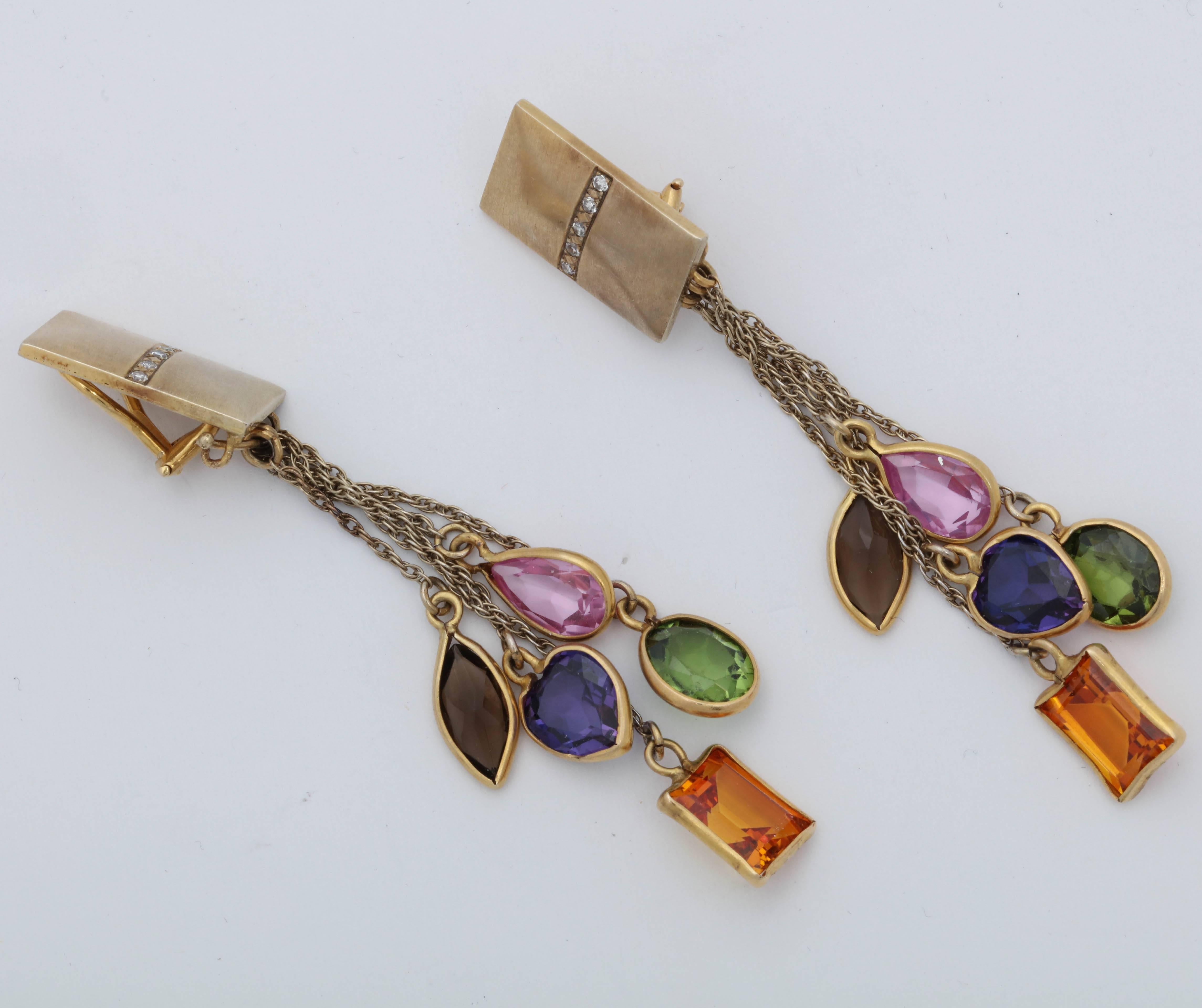 1960s Multicolored Semiprecious Stones, Diamond Multistrand Gold Dangle Earclips 2