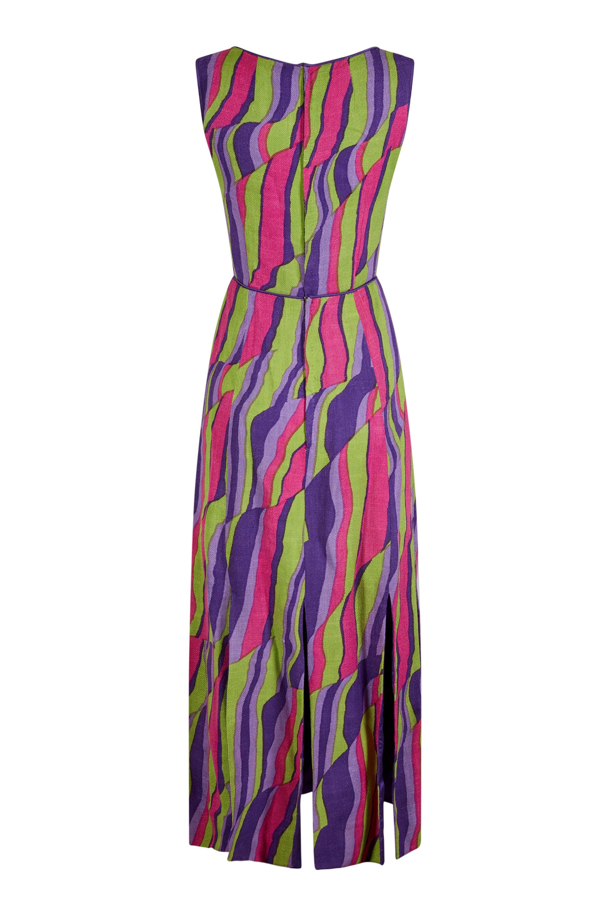 Pink 1960s Multicoloured Abstract Print Demi Couture Maxi Dress With Broad Tassel Hem For Sale