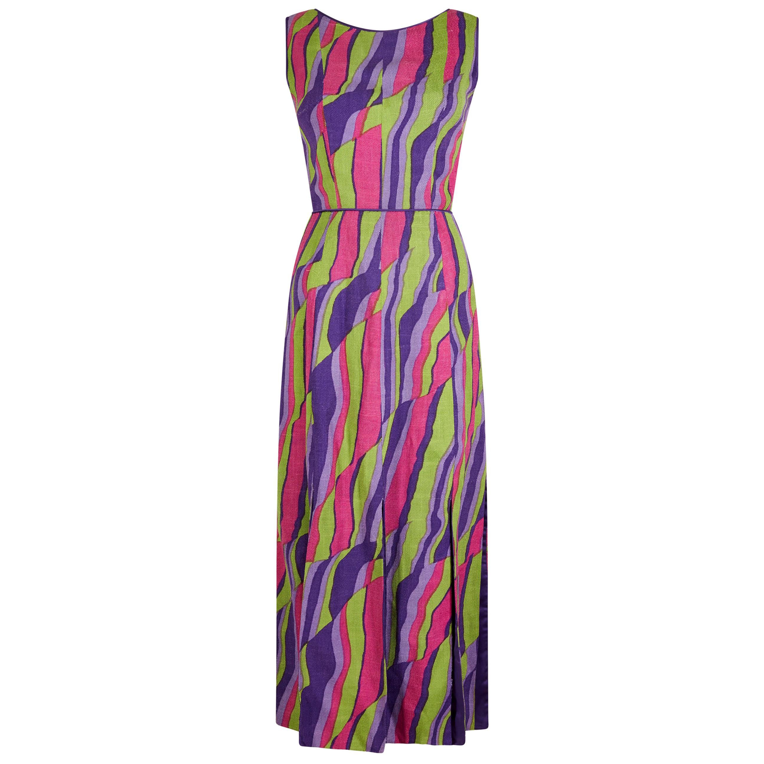 1960s Multicoloured Abstract Print Demi Couture Maxi Dress With Broad Tassel Hem