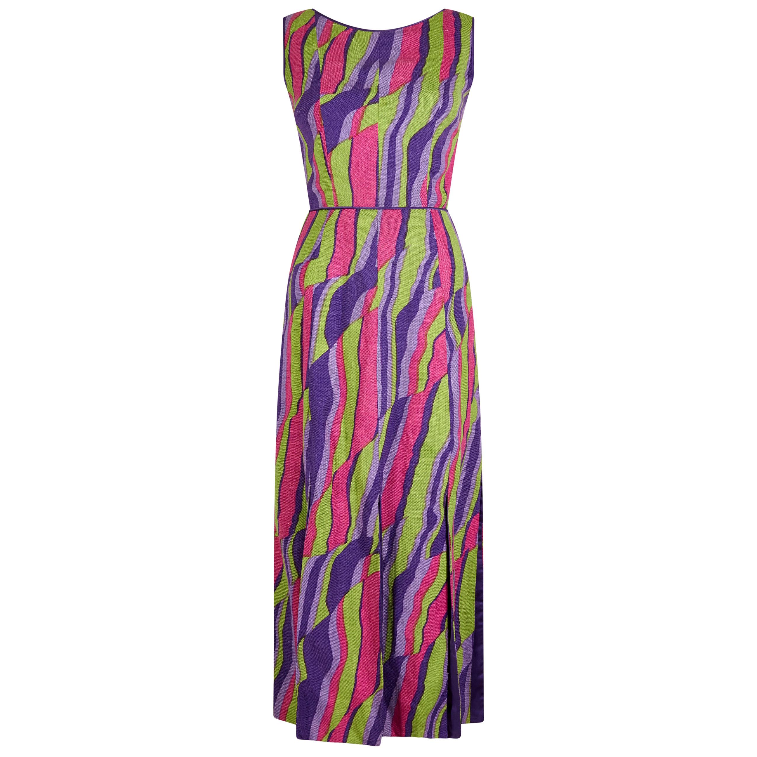 1960s Multicoloured Abstract Print Demi Couture Maxi Dress With Broad Tassel Hem For Sale