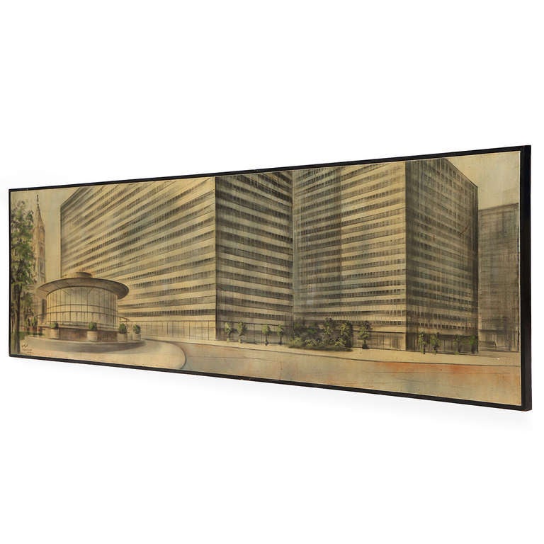 A very large, oil on canvas, rendering of a future building for Crest Corp drawn in 1966 of John F. Kennedy Blvd in Philadelphia, Pennsylvania. Signed 
