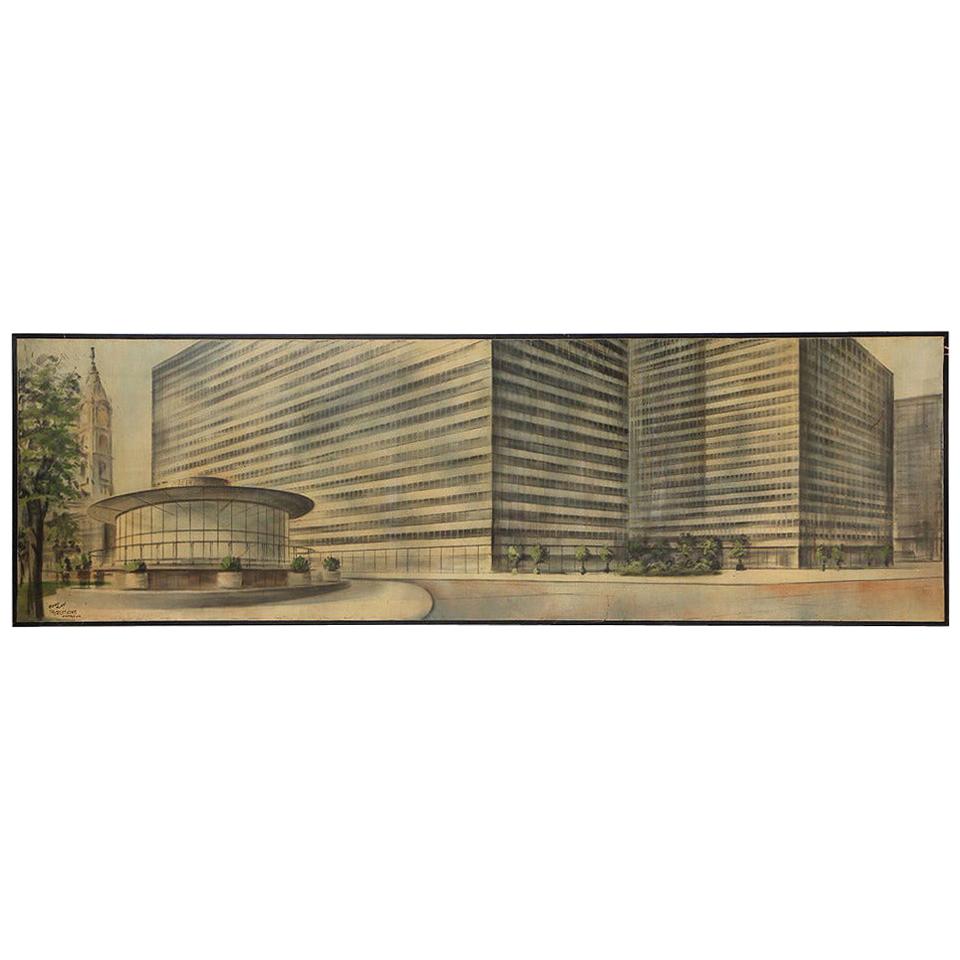 Rendu architectural à l'huile des années 1960, de la taille d'une peinture murale, par Richard Bobby