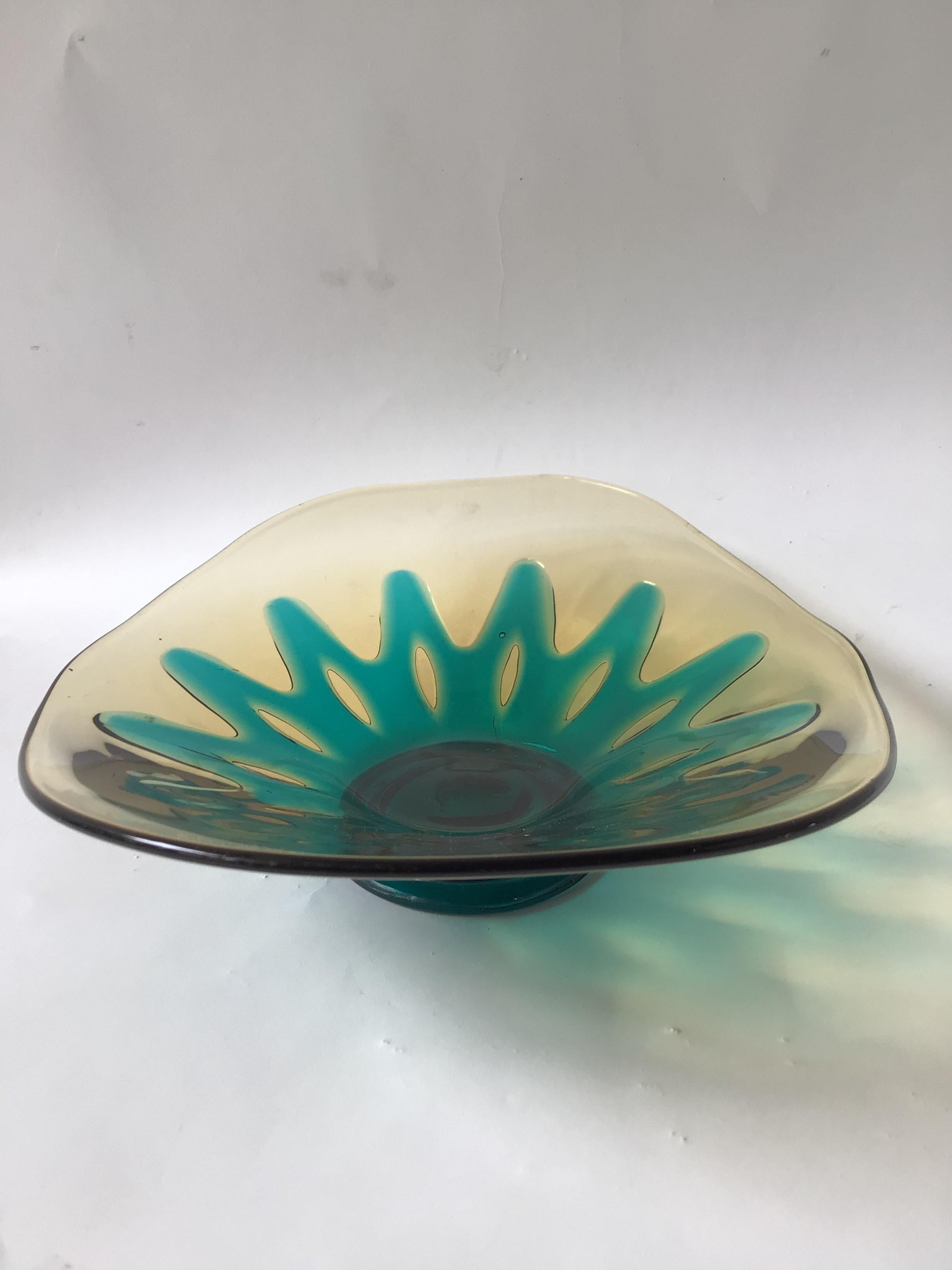 Mid-20th Century 1960s Murano Amber and Aqua Glass Bowl For Sale