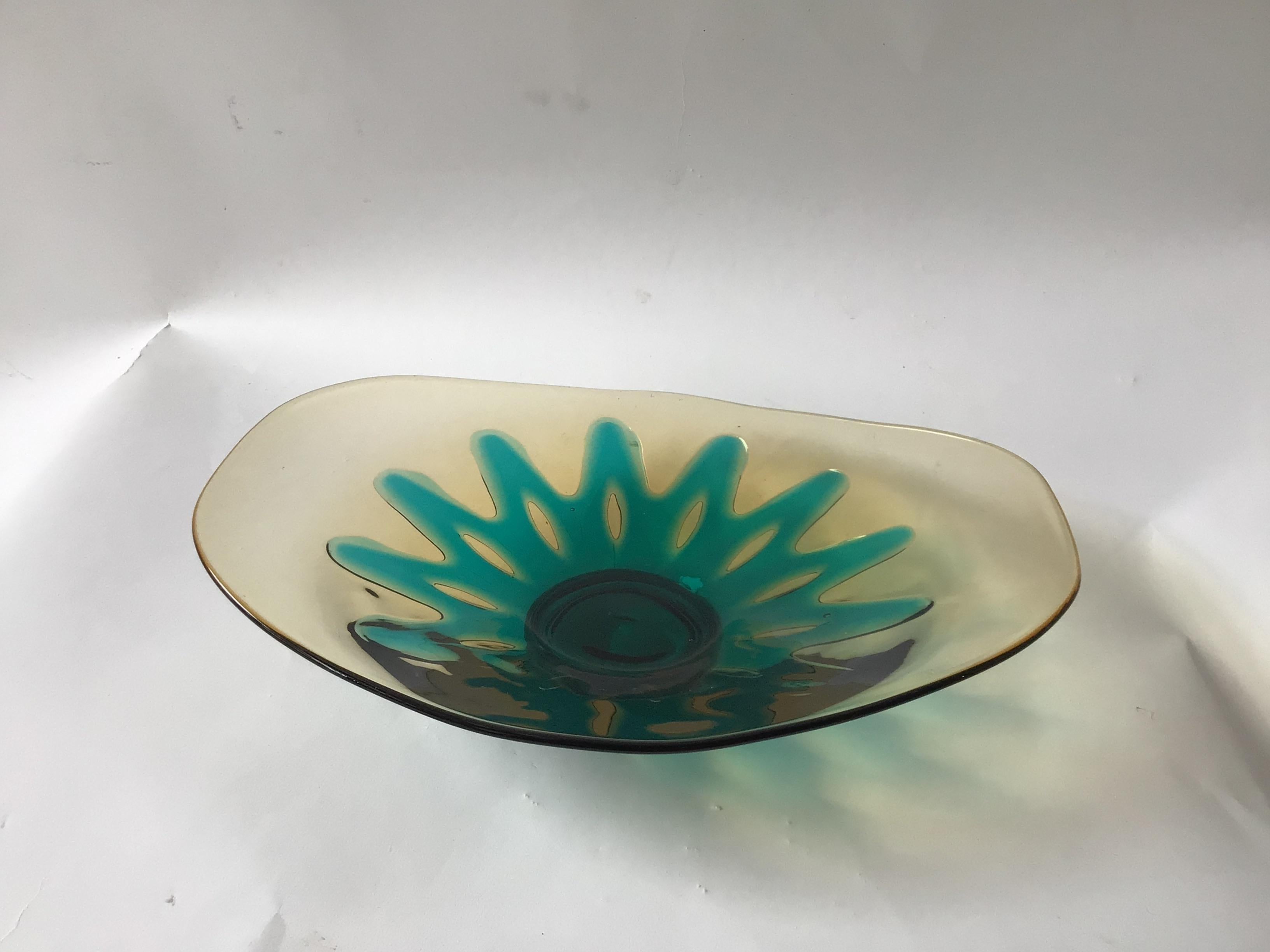Art Glass 1960s Murano Amber and Aqua Glass Bowl For Sale