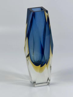 1960s Murano Faceted Blue Sommerso Glass Vase - Geometric Sculptural Form - 8.1"