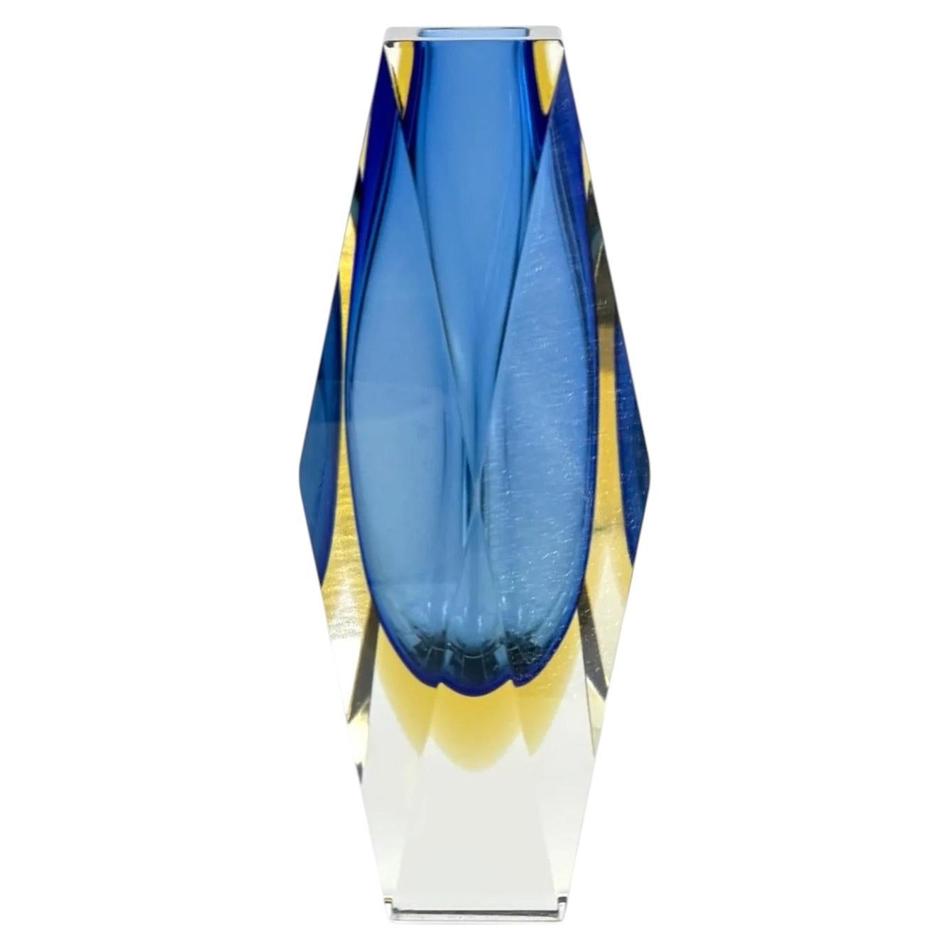 1960s Murano Faceted Blue Sommerso Glass Vase - Geometric Sculptural Form - 8.1"