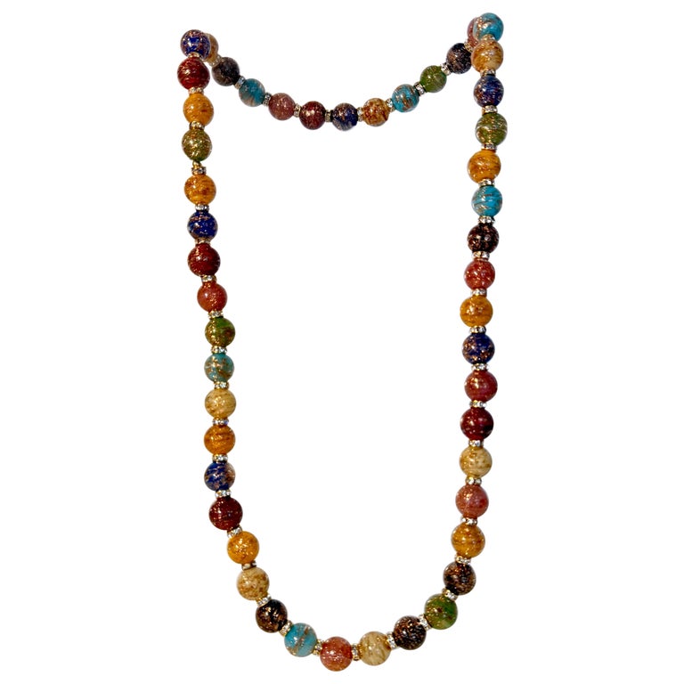 Collier Perles Verre Soufflé Murano Vintage - Laiton Plaqué Or, Neuf De Création