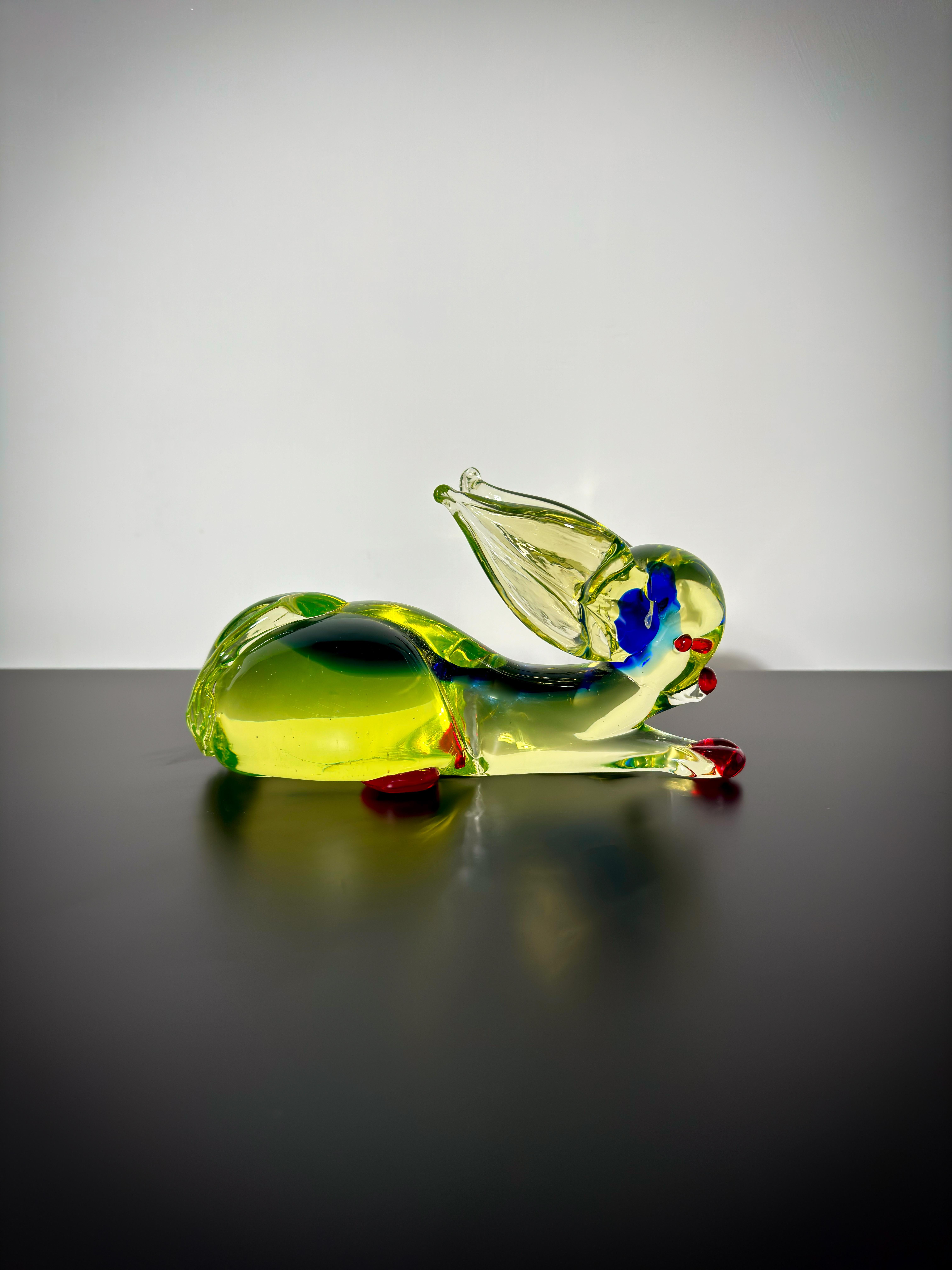 Mid-Century Modern Murano Uranium Glass Rabbit Sculpture by Ferro & Lazzarini c. 1960s, Italy For Sale