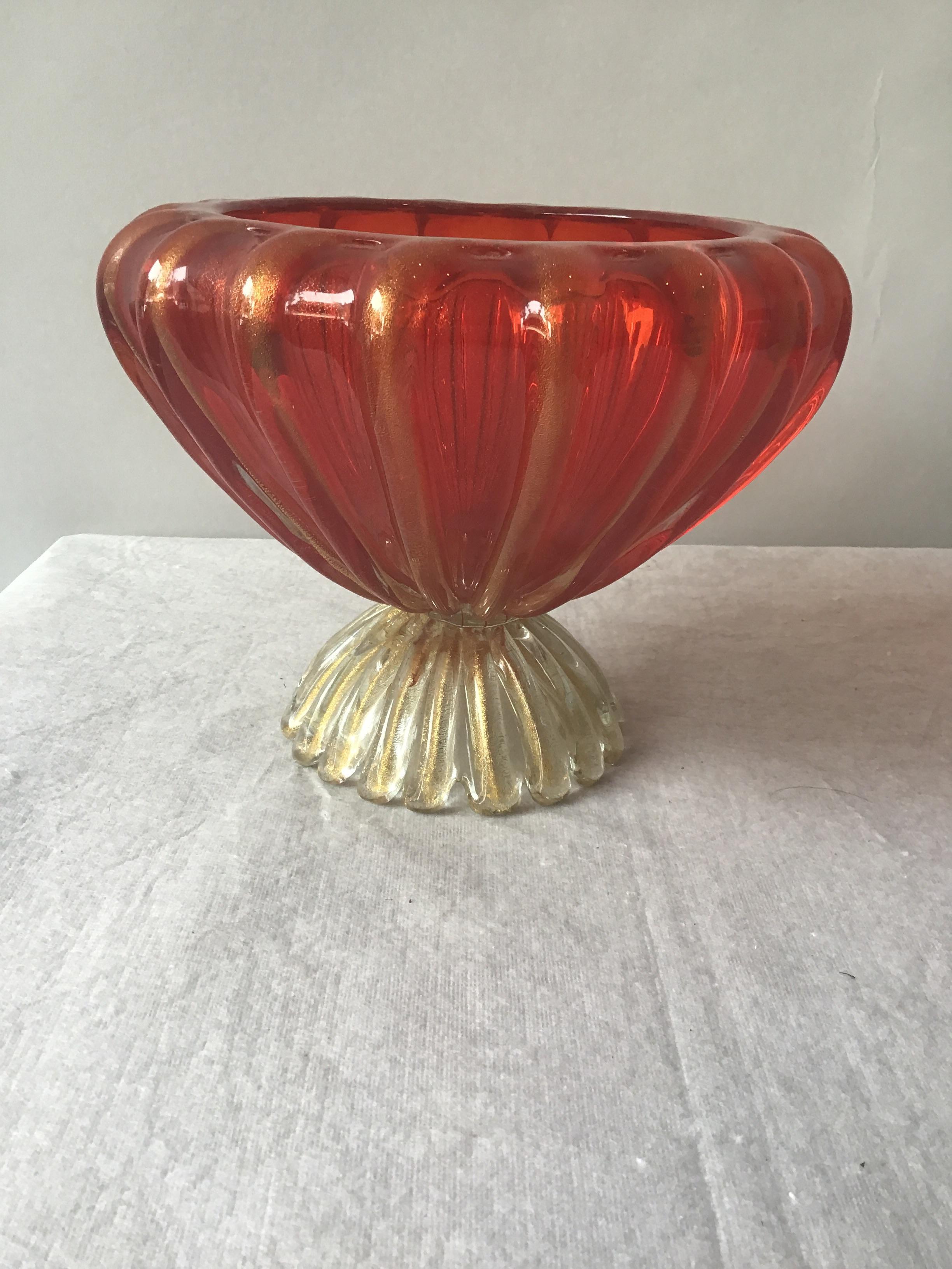 1960s Murano glass. Red bowl with gold flecks.