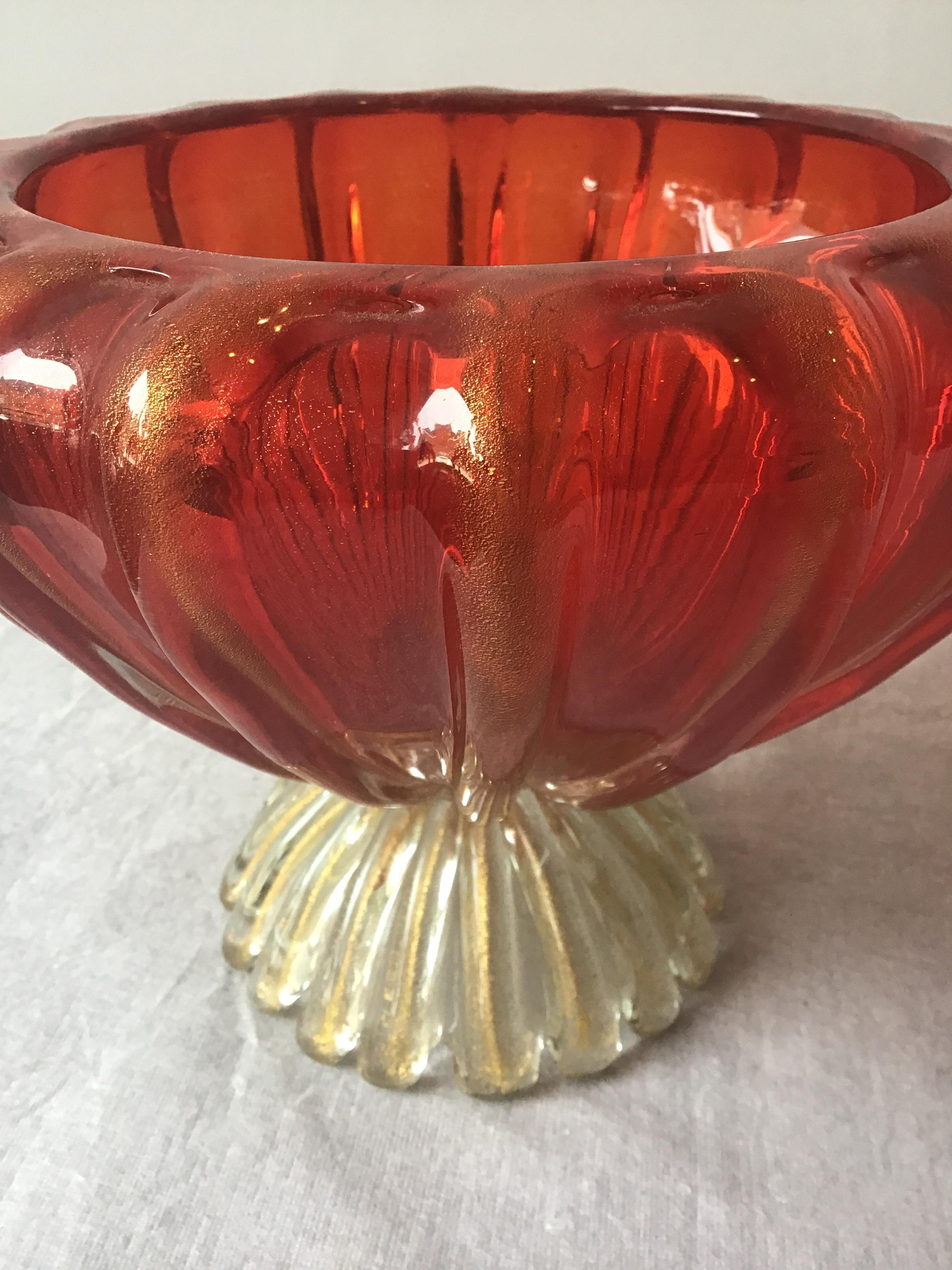 Art Glass 1960s Murano Glass Red Bowl On Pedestal