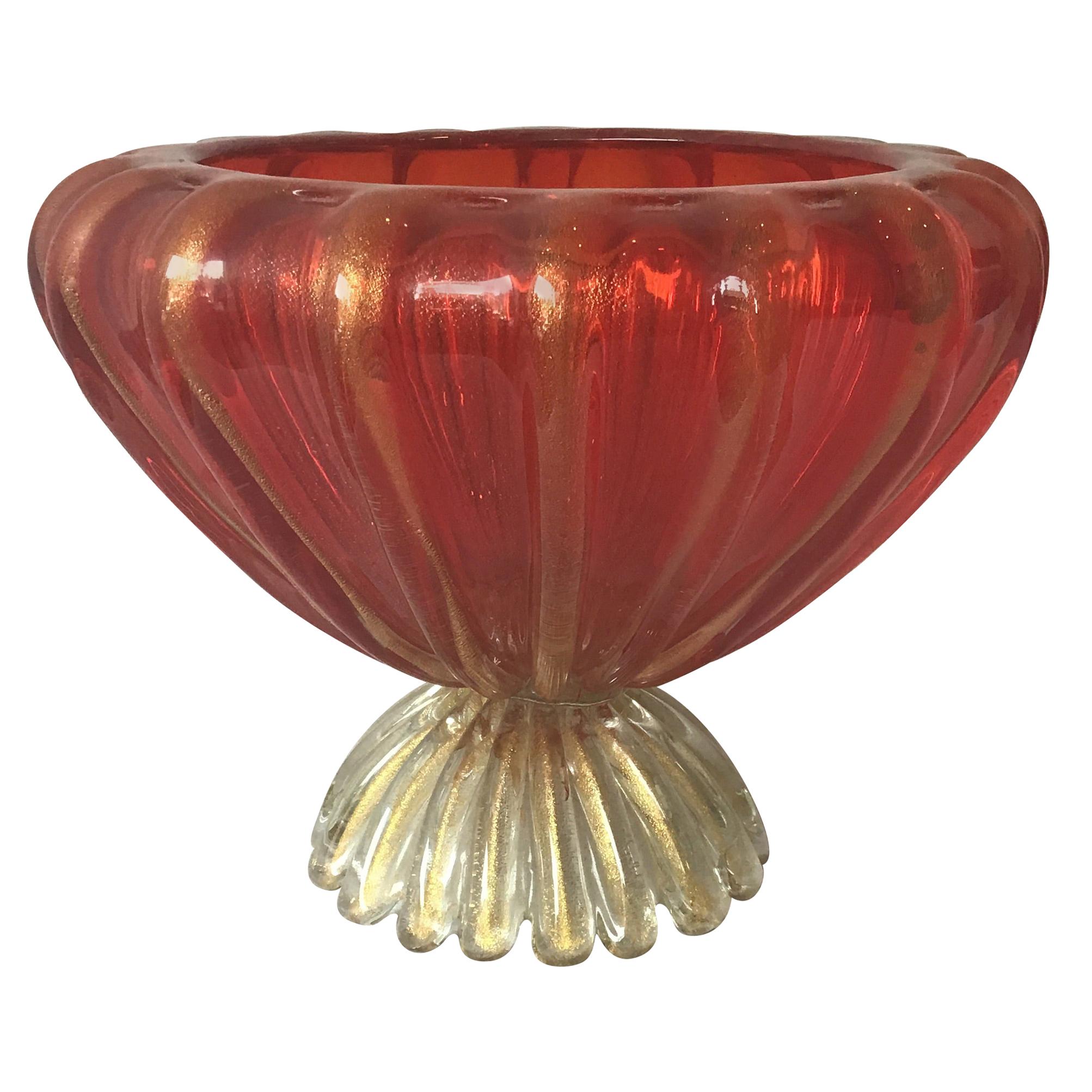 1960s Murano Glass Red Bowl On Pedestal