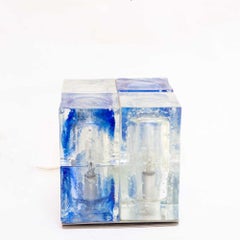 1960s Murano Italian Design by Poliarte Cube Lamp Blue and Frosted Clear Glass