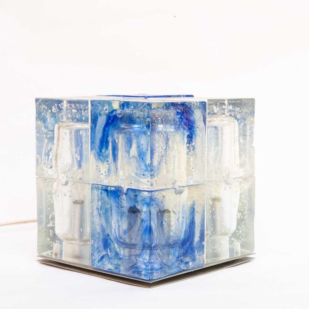 Mid-Century Modern 1960s Murano Italian Design by Poliarte Cube Lamp Blue and Frosted Clear Glass