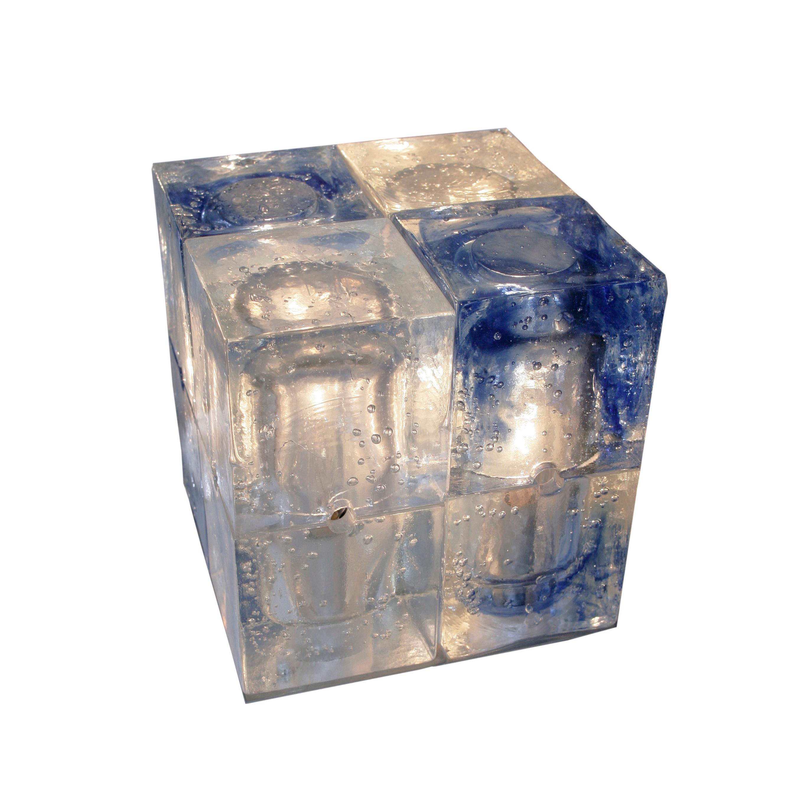 Mid-20th Century 1960s Murano Italian Design by Poliarte Cube Lamp Blue and Frosted Clear Glass