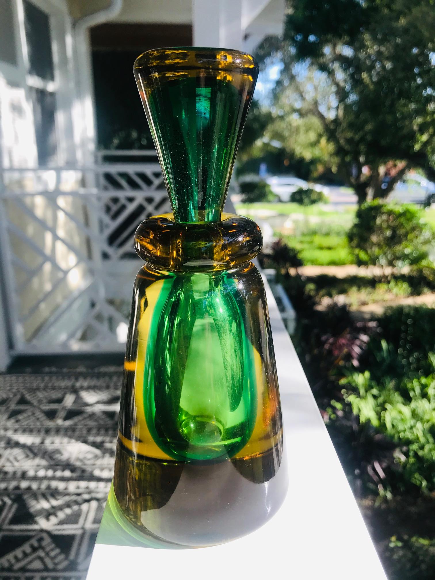 Hand-Crafted 1960s Murano Perfume Bottle in Green and Yellow by Flavio Poli for Seguso
