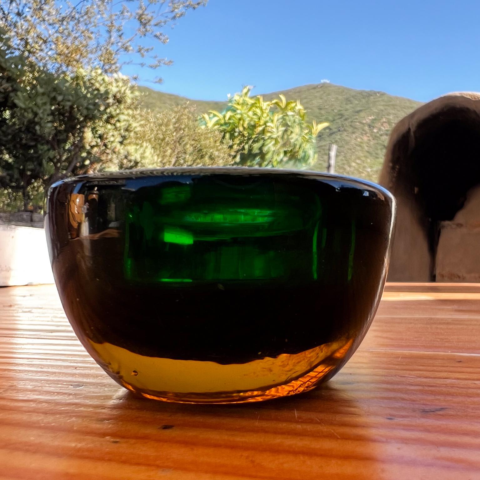 Mid-Century Modern 1960s Murano Sommerso Art Glass Votive Candle Holder Green and Amber  For Sale