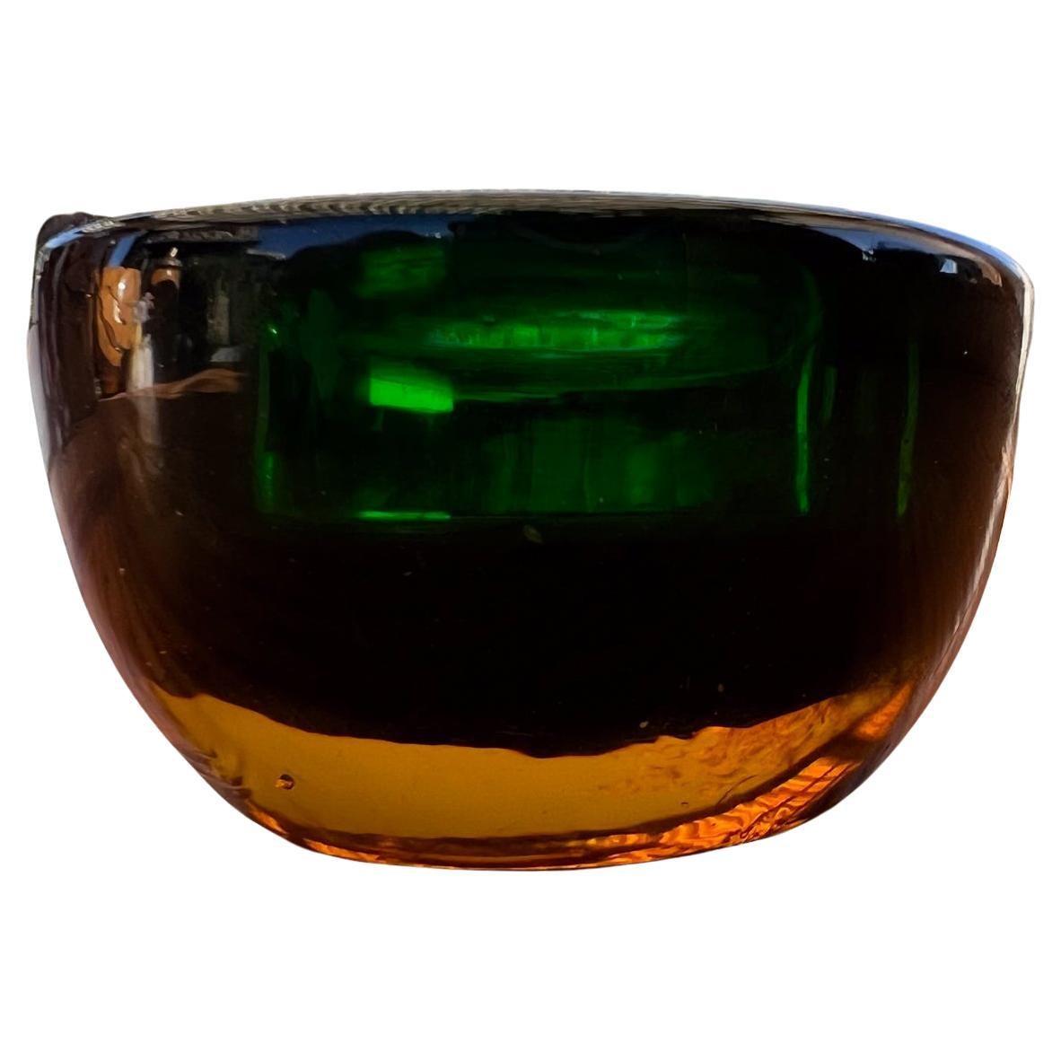 1960s Murano Sommerso Art Glass Votive Candle Holder Green and Amber  For Sale