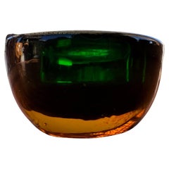 1960s Murano Sommerso Art Glass Votive Candle Holder Green and Amber 