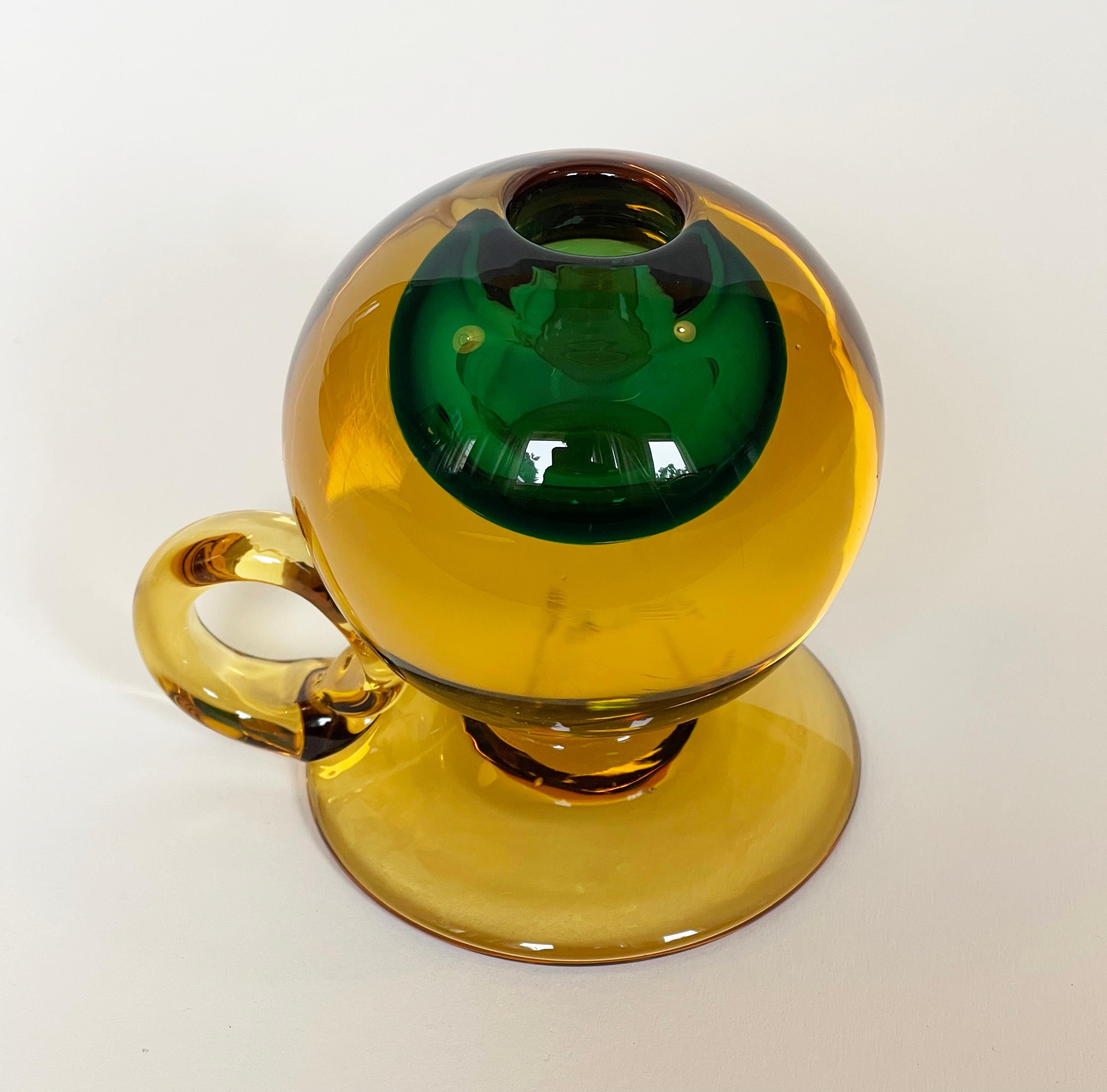 Mid-Century Modern 1960s Murano Sommerso Candlestick Vetreria Cenedese Amber & Green, Italy