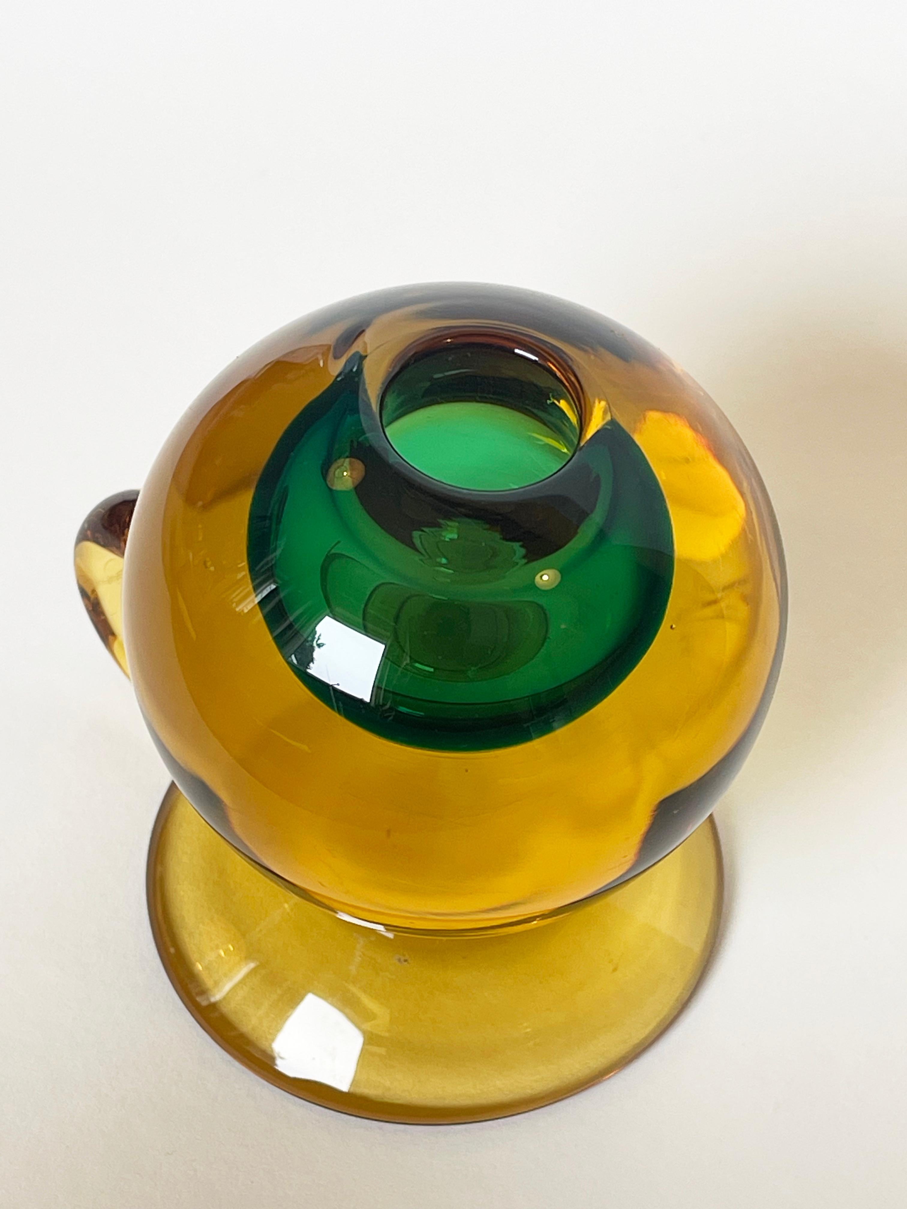 Hand-Crafted 1960s Murano Sommerso Candlestick Vetreria Cenedese Amber & Green, Italy For Sale