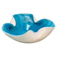 1960s Murano Turquoise Aquamarine & White Encased Glass Pinched Bowl or Ashtray
