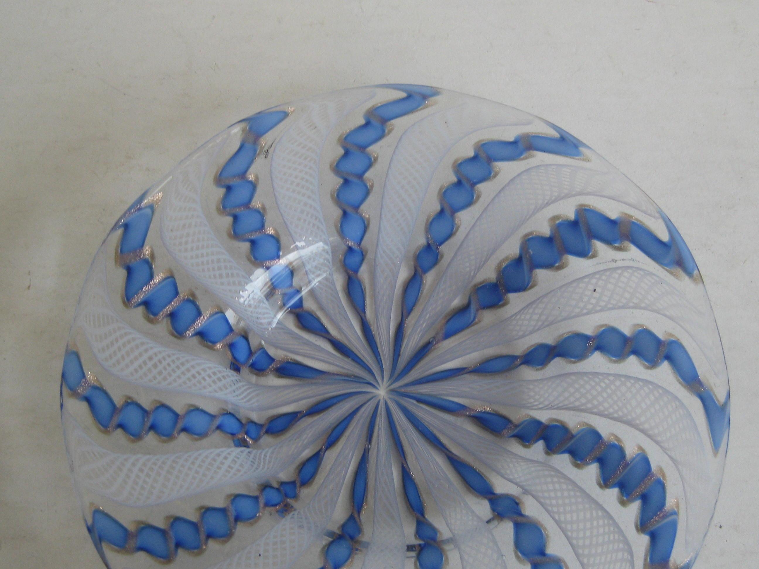 Very nice Murano Venetian art glass ribbon latticino candy dish or bowl. Colors are white, blue and gold flex. In great original condition. No chips, no cracks and no repairs. Measures approx. 5