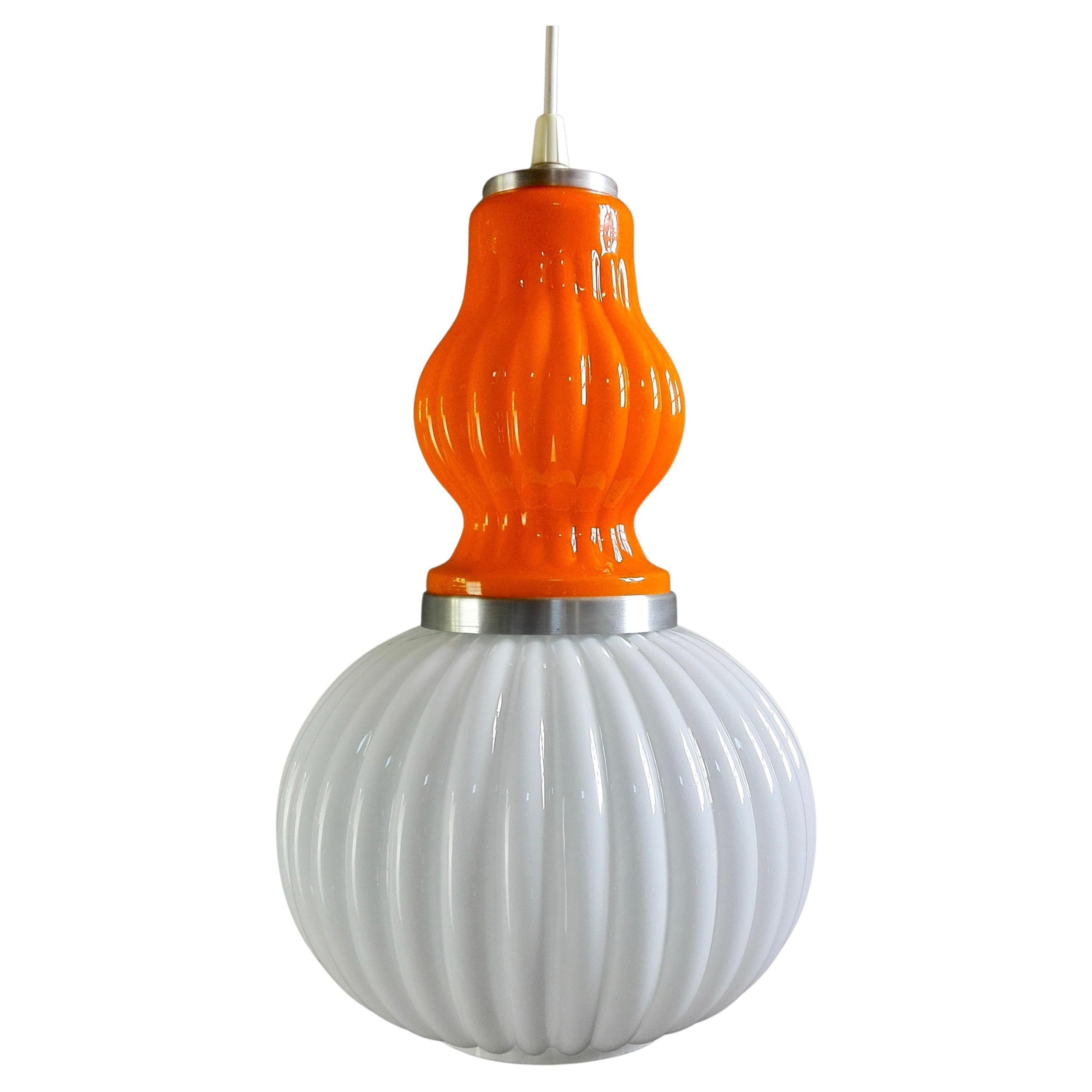 1960s Murano white and orange two-tone glass and aluminum frame pendant lamp.  For Sale