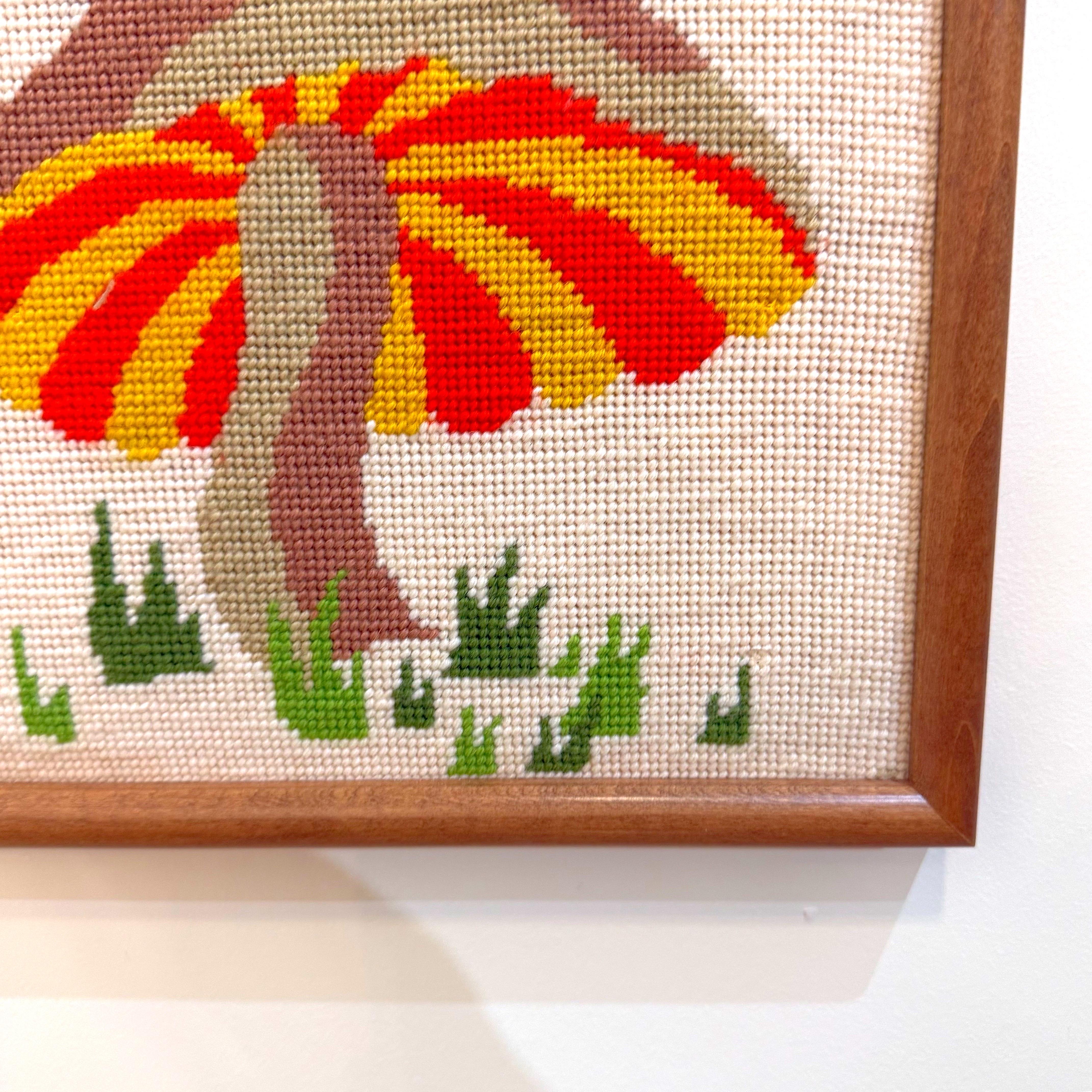 Folk Art 1960’s Mushroom Needlepoint, Framed For Sale
