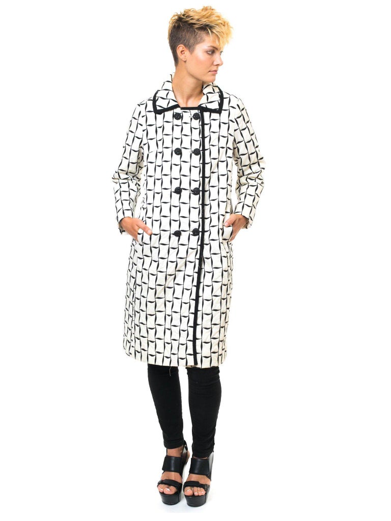 Gray 1960S Black & White Mod Geometric Embroidered Coat For Sale